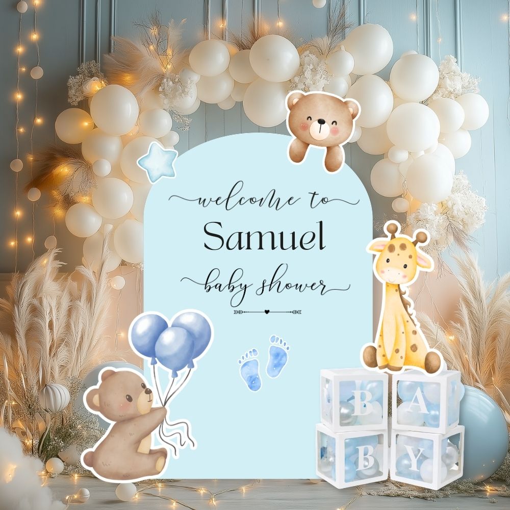 Blue Toile Baby Backdrop & Cutouts | Personalized Elephant First Birthday Decorations