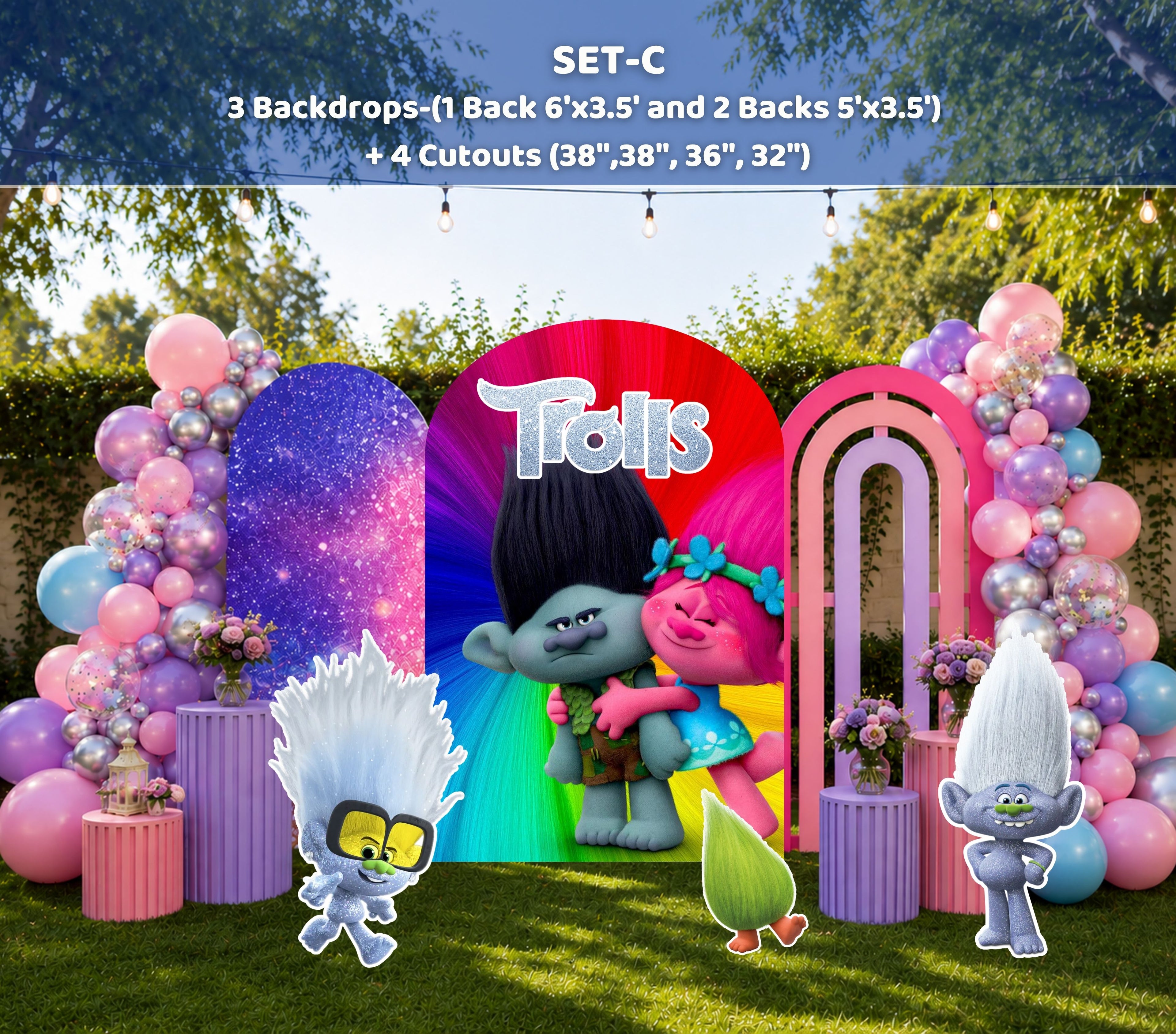 Custom Rainbow Hair Cartoon Birthday Backdrop & Cutouts | Colorful Kids Party Decorations