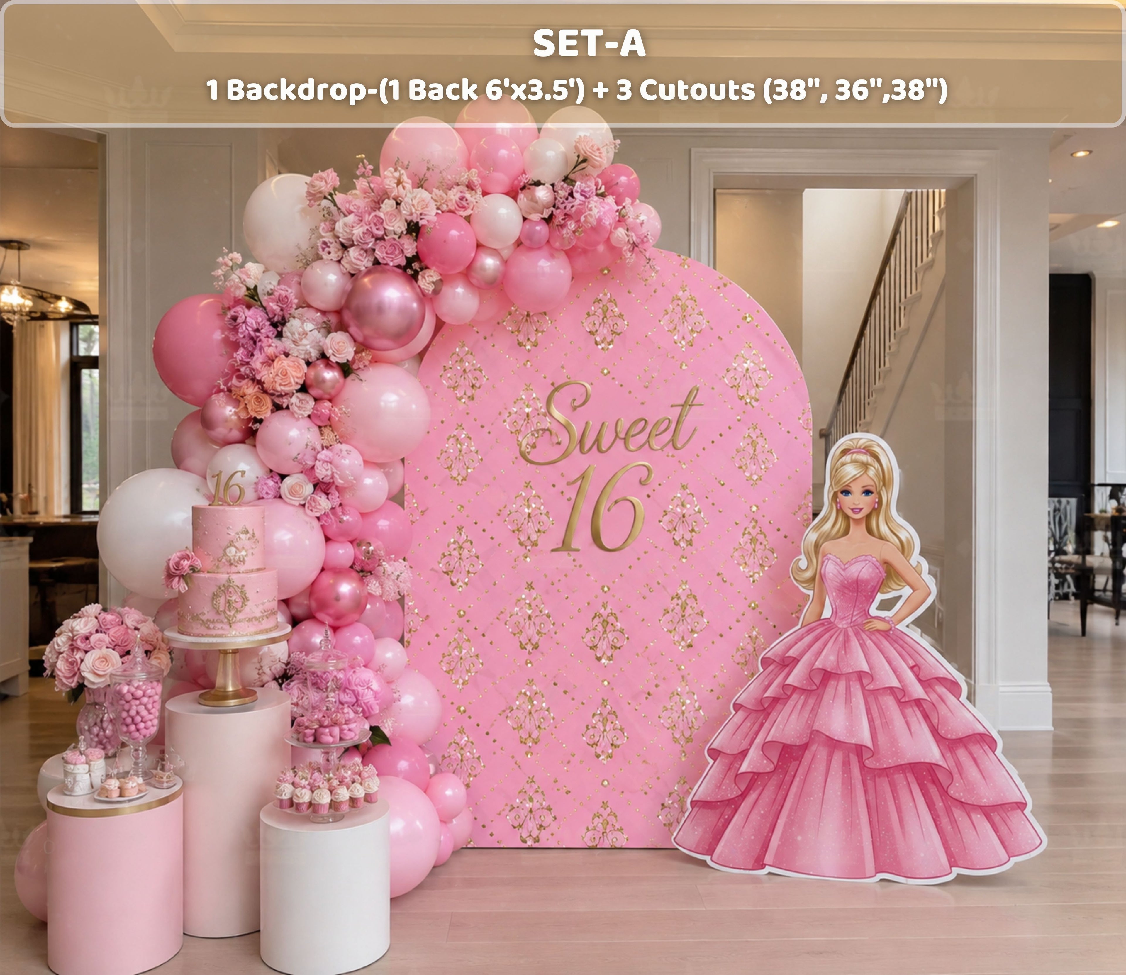 Personalized glam girls birthday backdrop with pink balloon garland, vanity inspired decor and pink fashion doll party details.