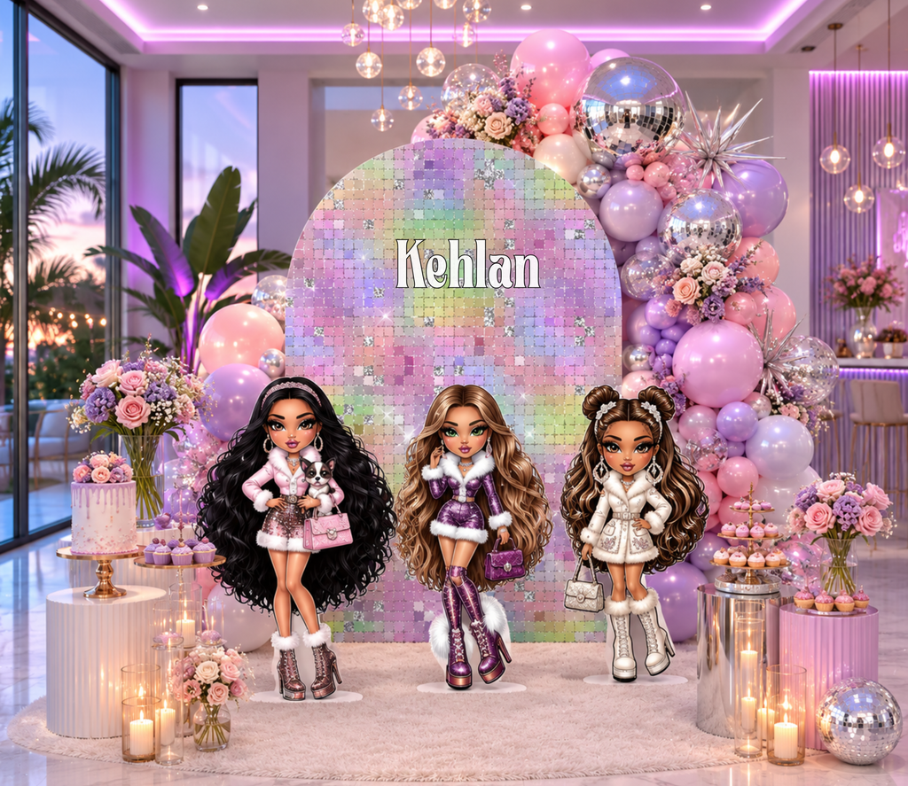 Custom Glam Fashion Doll Birthday Backdrop & Cutouts | Personalized Girly Party Decorations