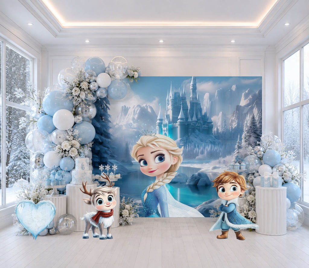 Personalized ice princess birthday decorations with blue castle backdrop and matching character cutouts