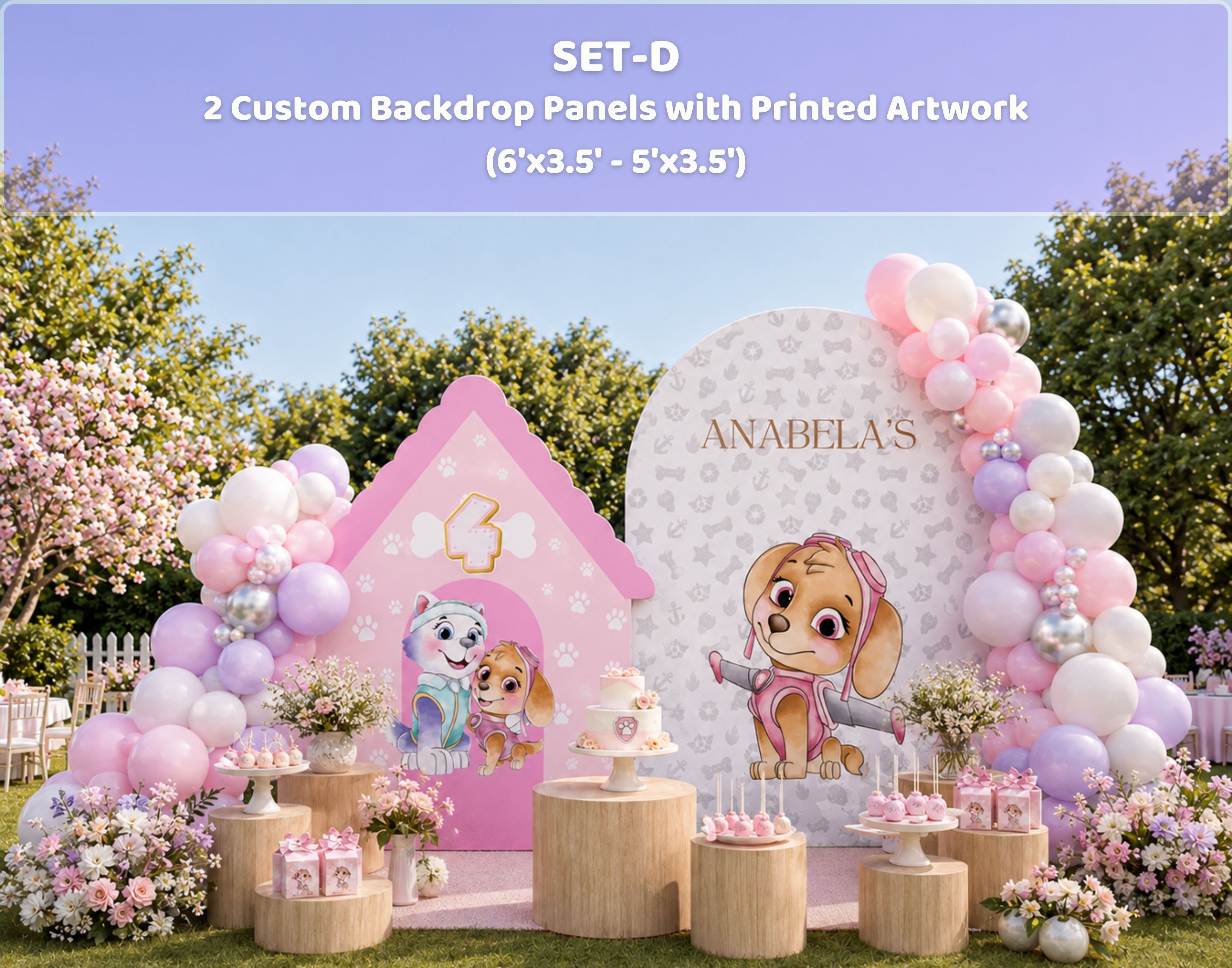 Pastel puppy birthday decorations with pink arch panels, balloon clusters and character cutouts in an outdoor garden setting.