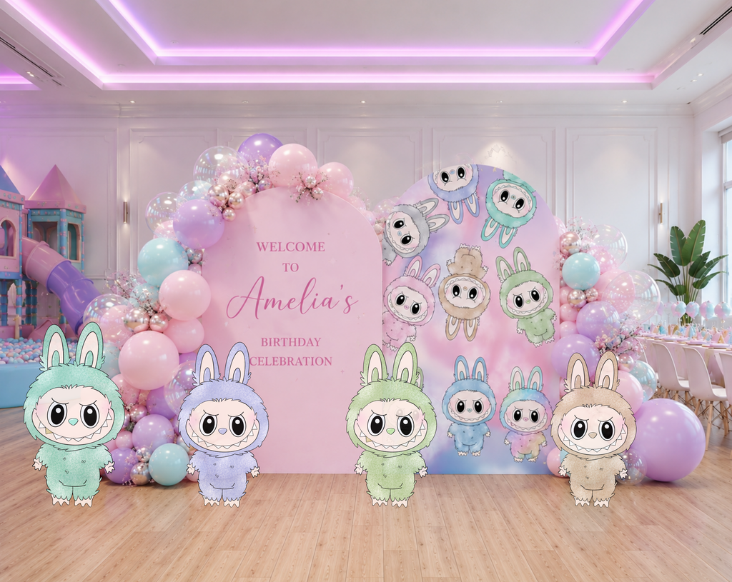Cute Monster Birthday Backdrop & Cutouts | Personalized Kawaii Pastel Party Decorations