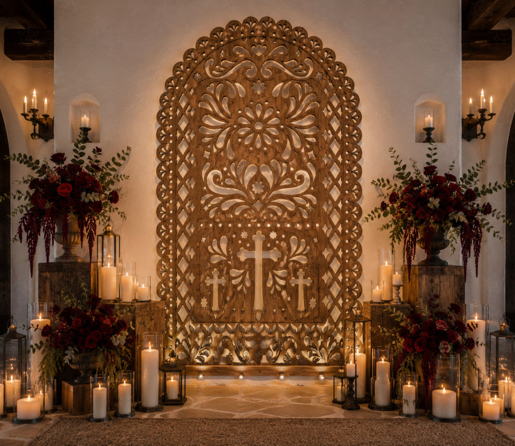 Terracotta religious papel picado backdrop with cross design and elegant floral decorations