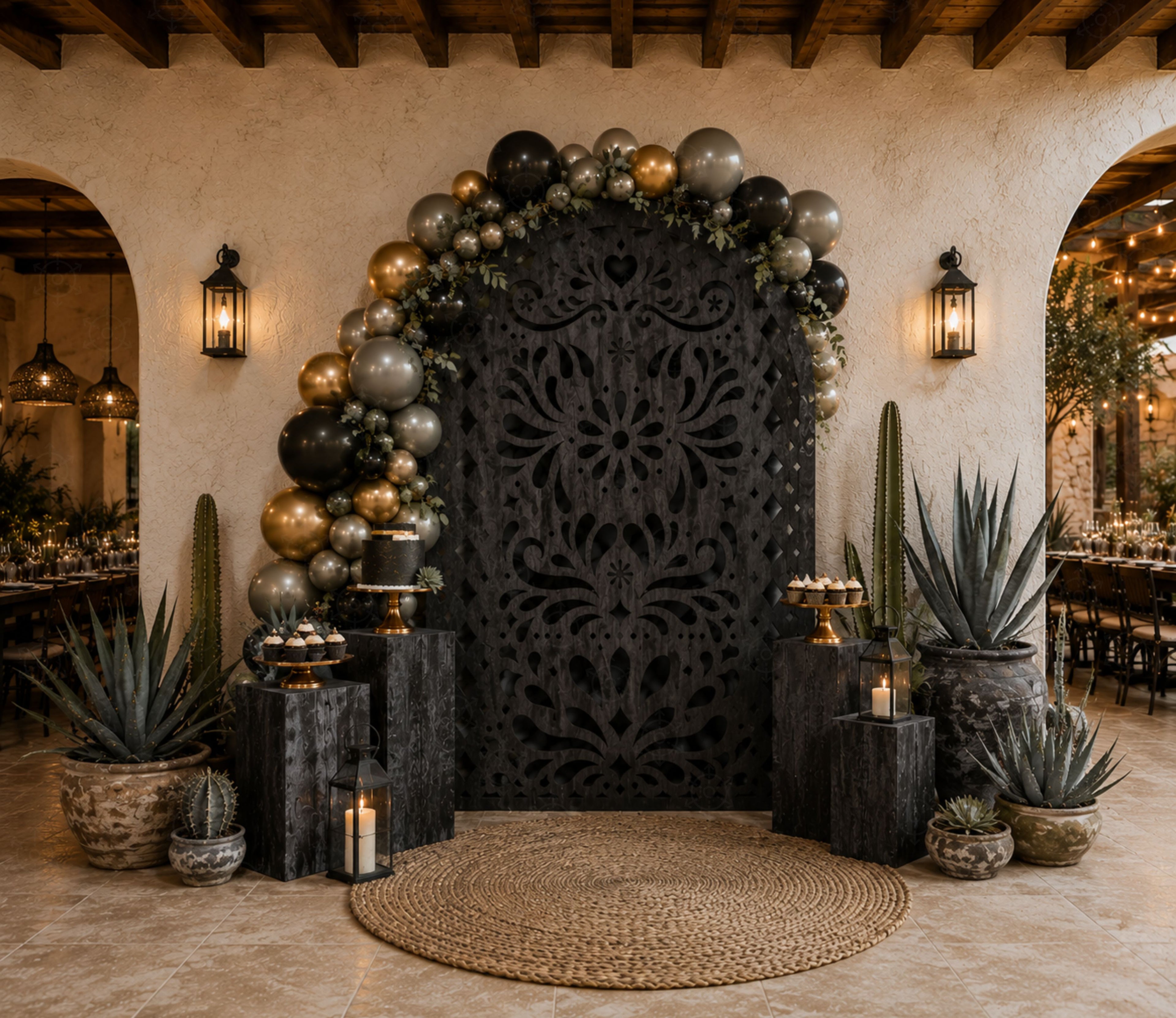 Black Mexican fiesta backdrop with intricate floral design and elegant celebration decorations