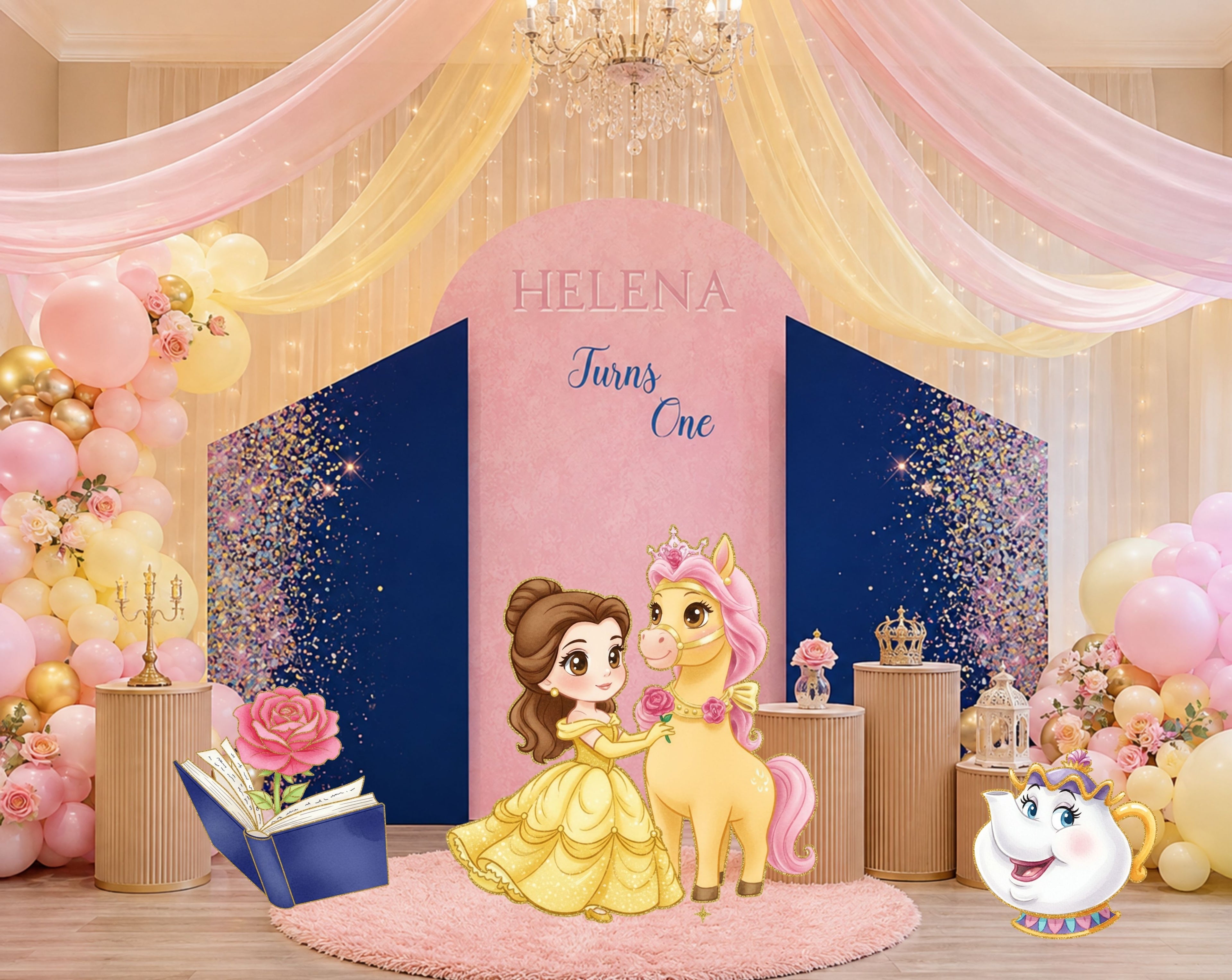 Custom princess birthday party backdrop with fairytale-inspired artwork, coordinating cutouts, and personalized details.