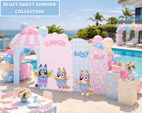 Blue puppy pool party backdrop with pastel pink and blue arch panels, beach ball details, character cutouts and summer birthday decor by a pool.