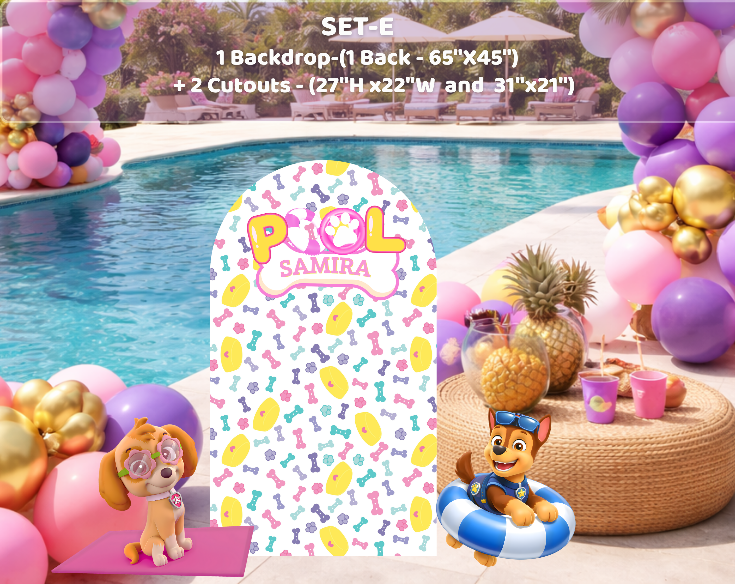 Pool Puppy Party Decoration Custom Backdrop with Shelves and Party Favors Rescue Summer Birthday Theme