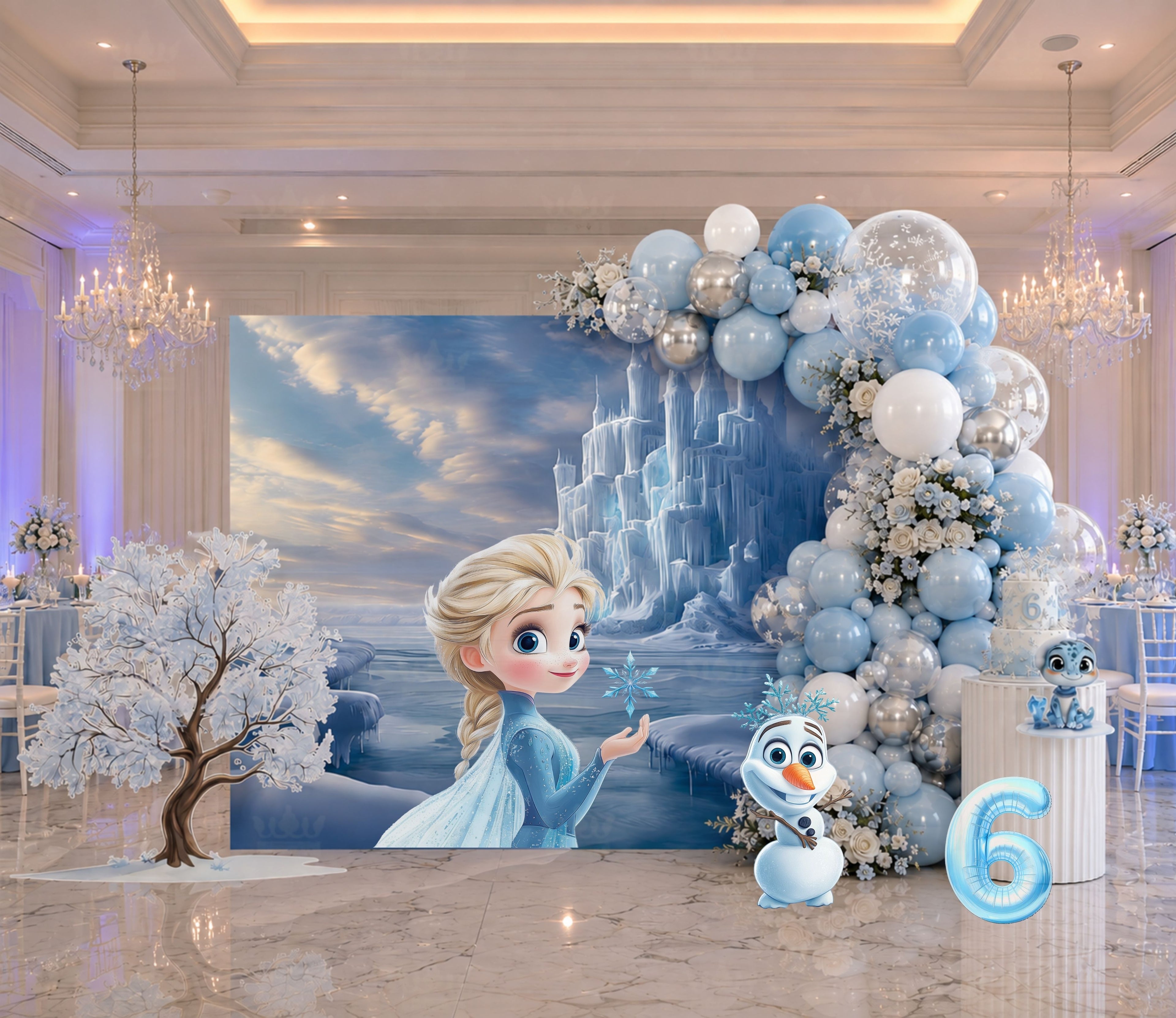 Blue ice castle birthday backdrop with princess cutout and elegant winter party decorations