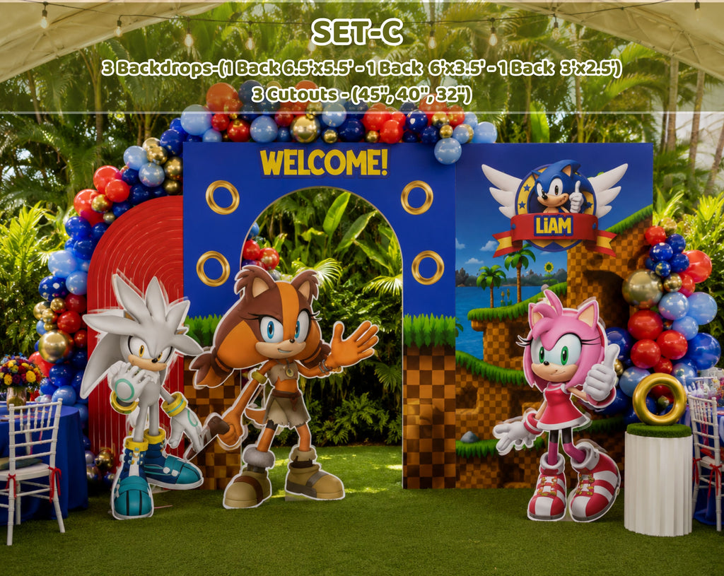 Custom Fast Blue Hedgehog Birthday Backdrop & Cutouts | Personalized Video Game Party Decorations