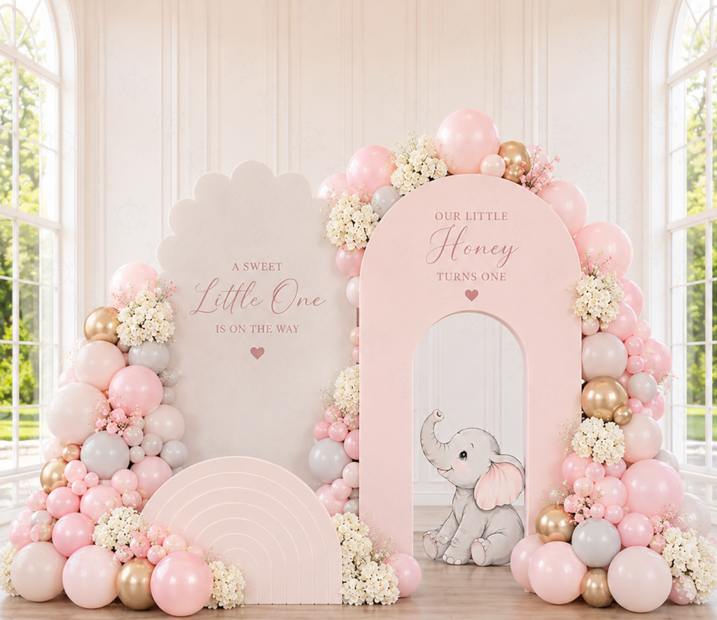 Baby Elephant Baptism Backdrop & Cutouts | Personalized Pink Little Blessing Party Decor