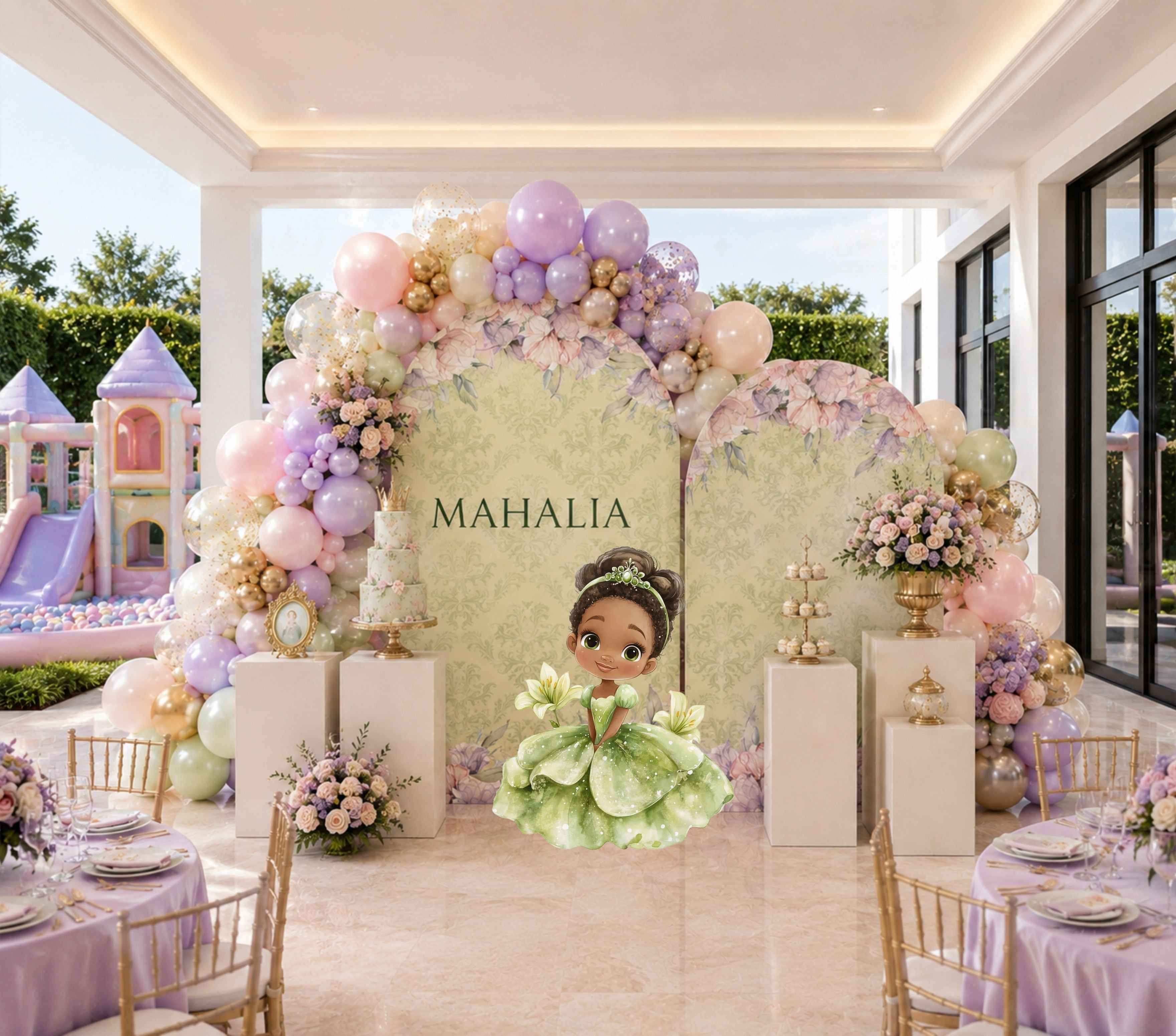 Pastel frog princess backdrop and cutouts styled in an elegant indoor birthday celebration