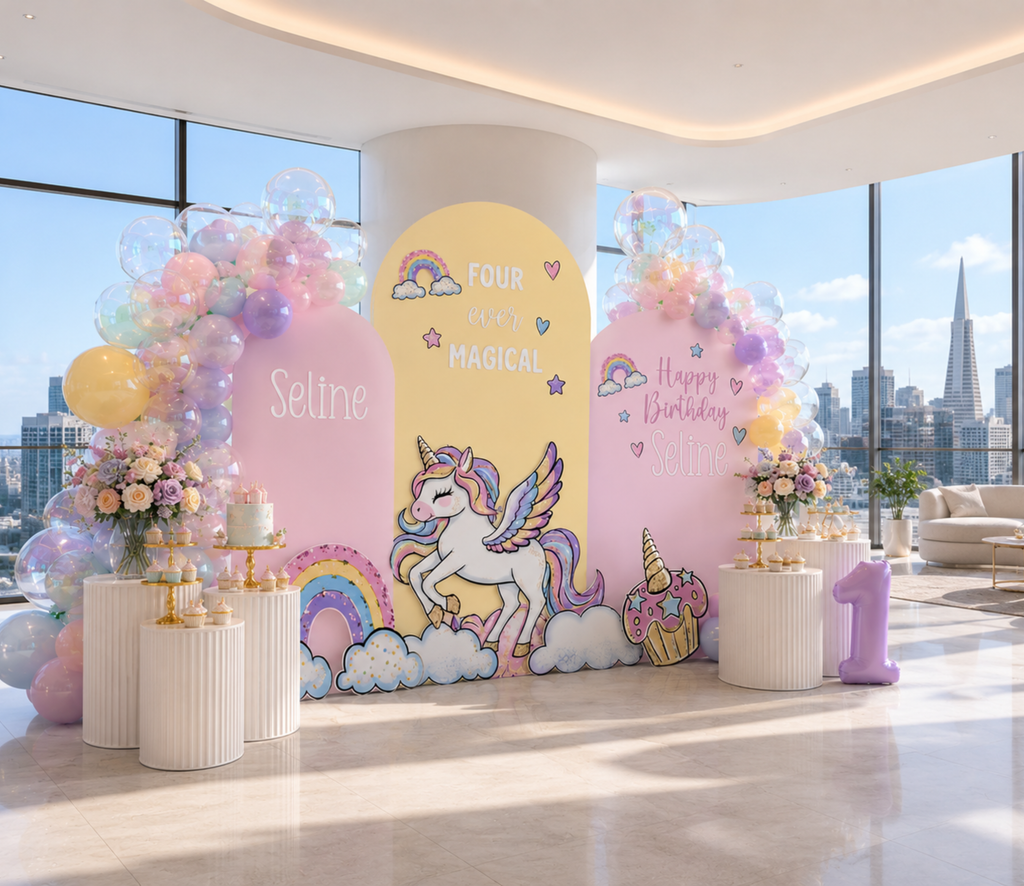 Custom Unicorn Birthday Backdrops & Cutouts | Pink Pastel Unicorn Party Decorations