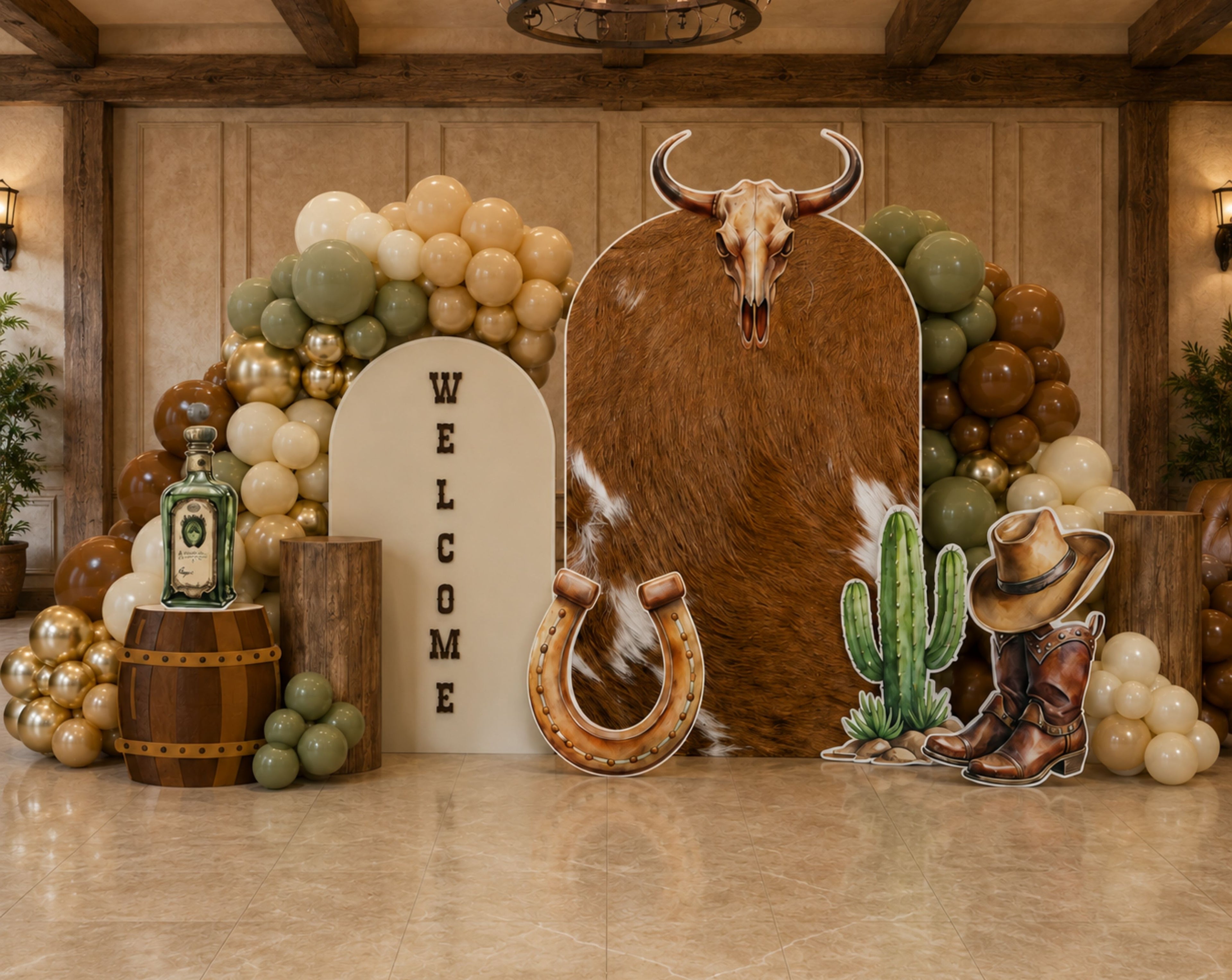 Personalized western birthday backdrop with rustic whiskey inspired details, cowboy party accents and coordinated cutout decorations.