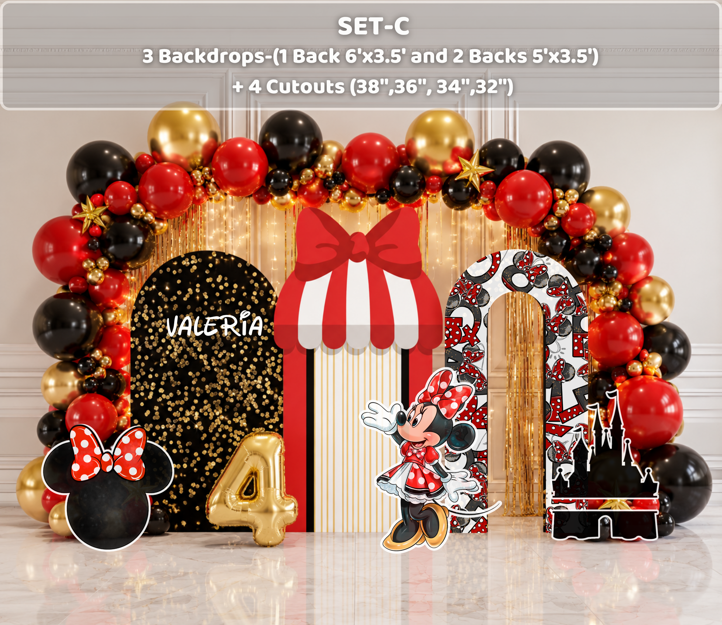 Classic Mouse Birthday Backdrop & Cutouts | Personalized Red Black Gold Party Decorations