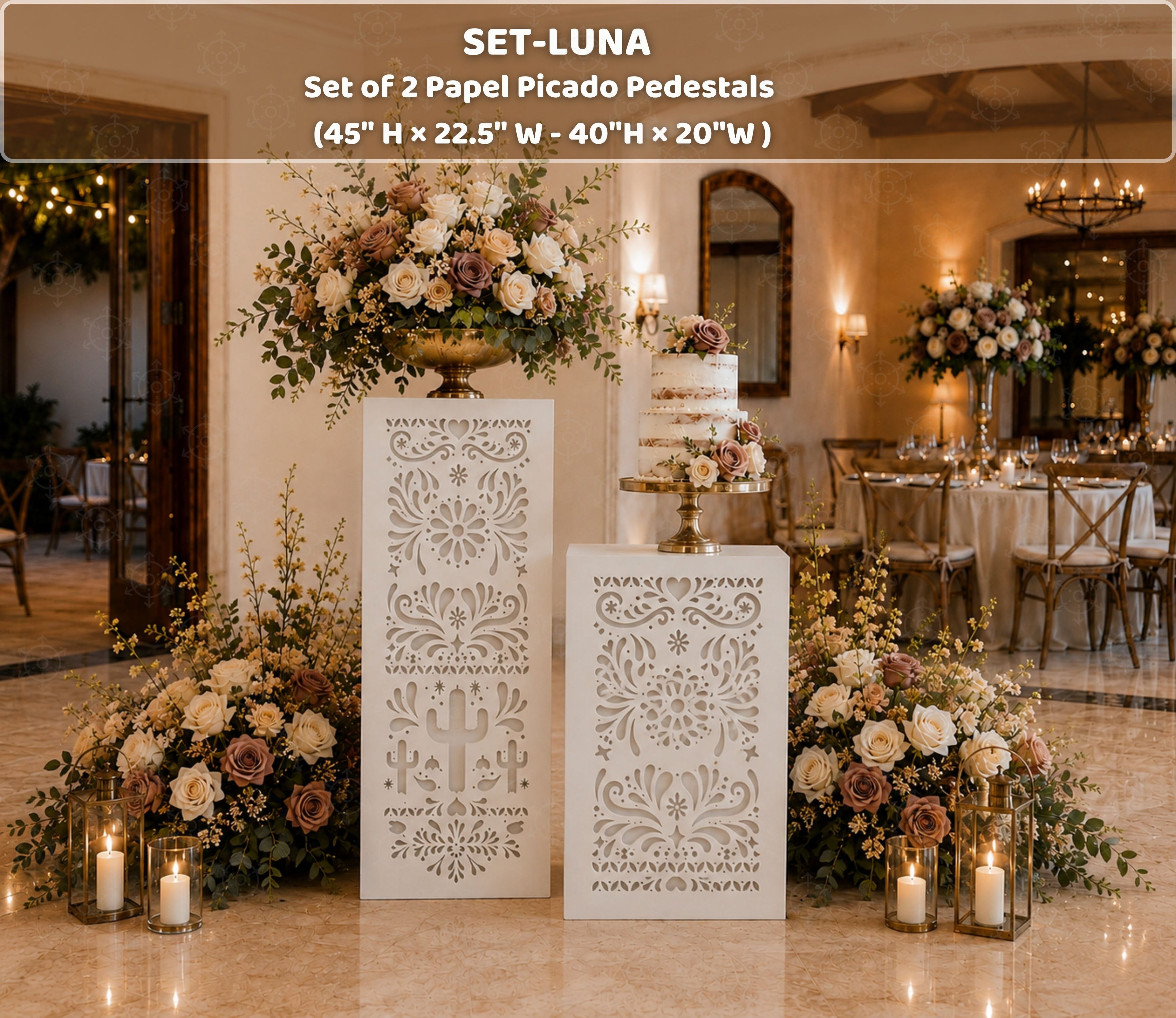 White Papel Picado pedestal with intricate Mexican-inspired cutout design in an event setting