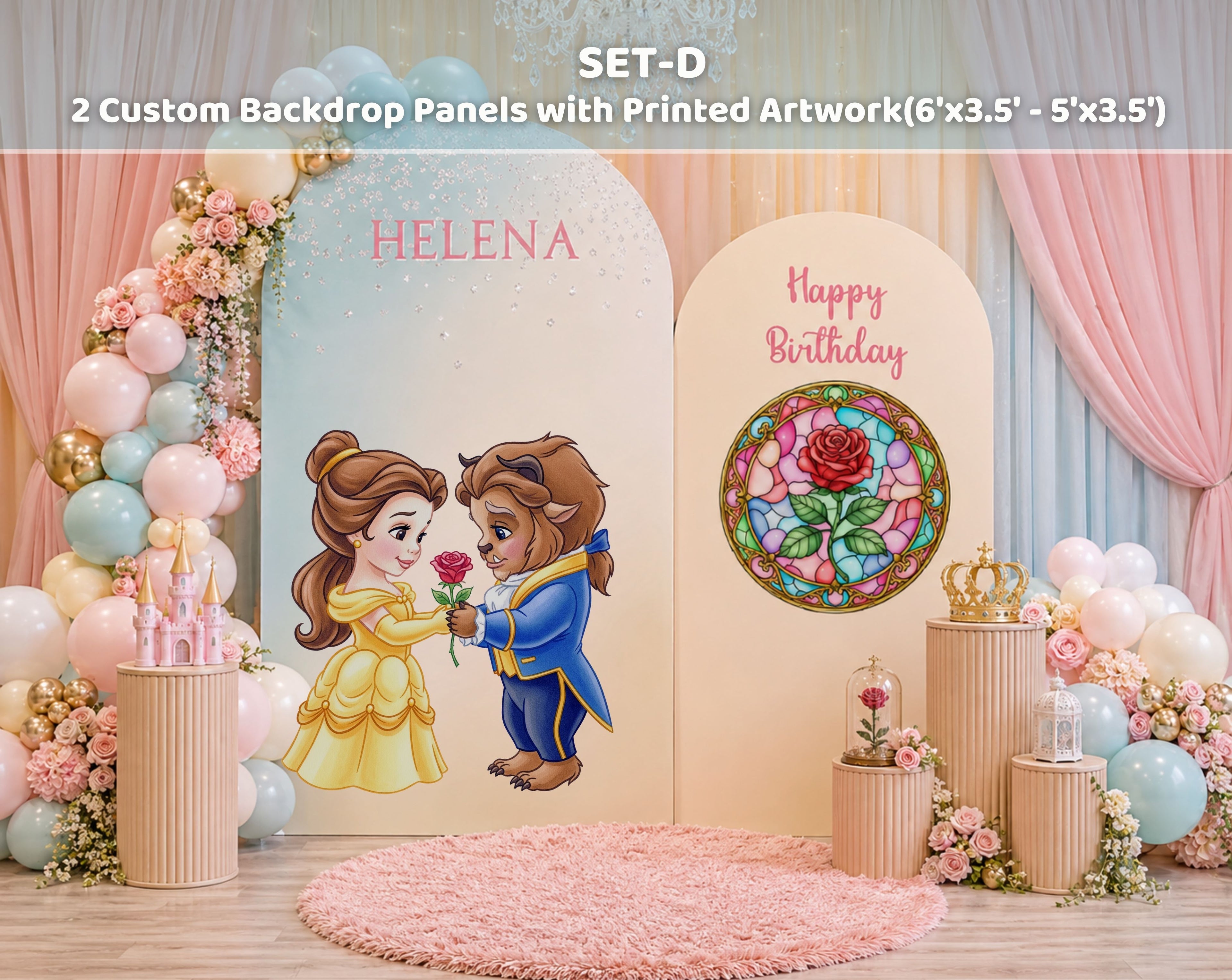 Personalized storybook princess backdrop set with royal blue panels, gold accents, and fairytale character party decorations.