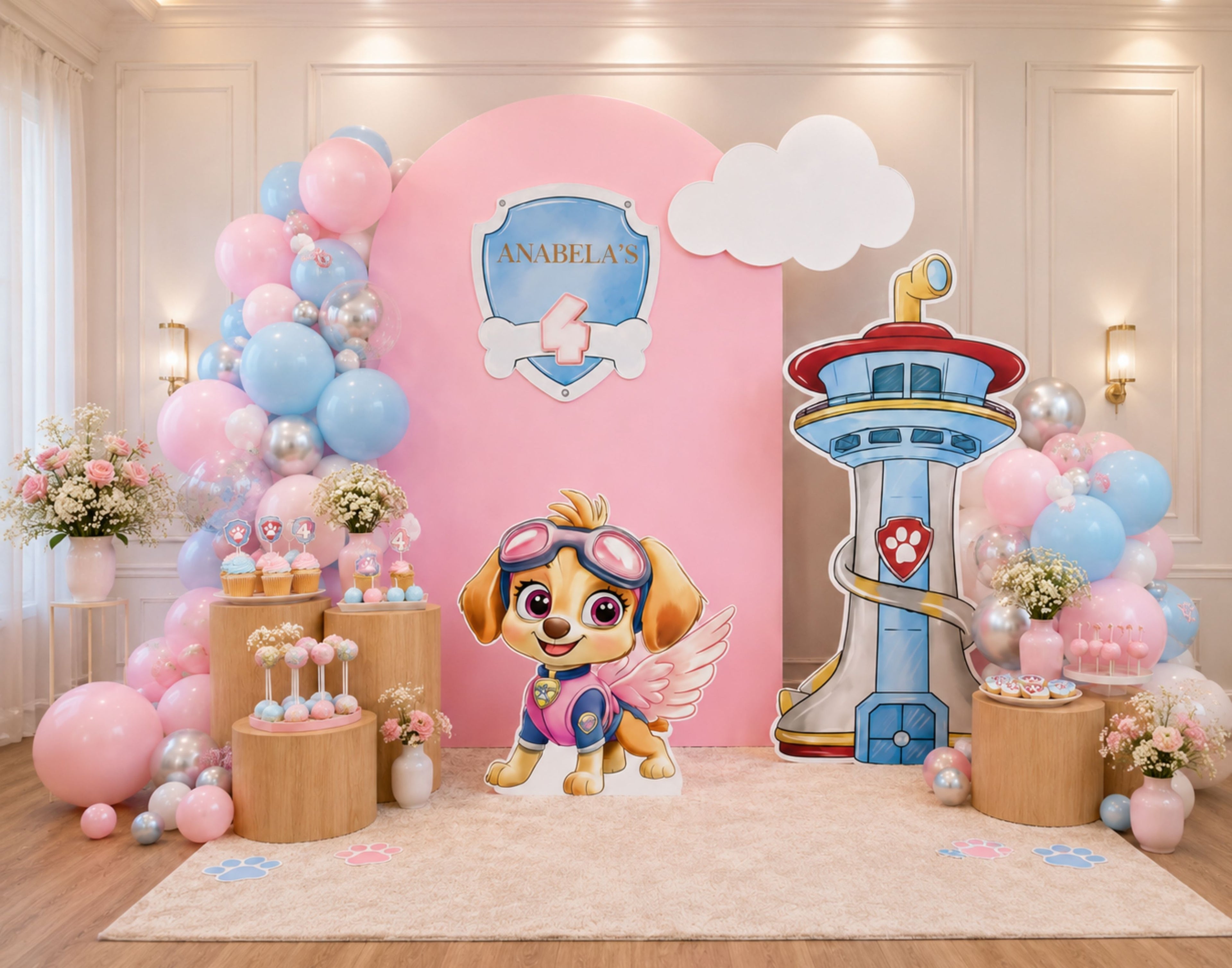 Pastel puppy party backdrop set with layered panels, balloon decor and character cutouts for a luxury pink birthday celebration.