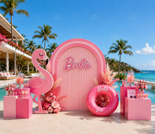 Pink tropical birthday backdrop with personalized party sign and summer poolside decorations