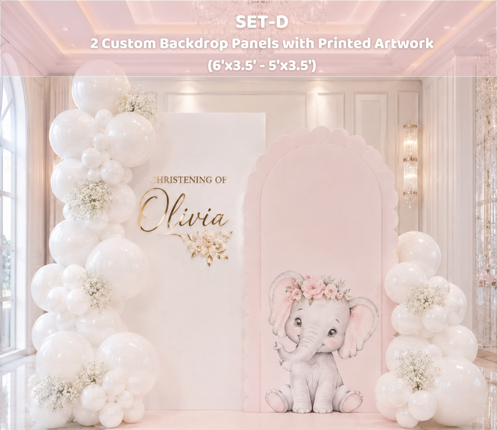 Baby Elephant Baptism Backdrop & Cutouts | Personalized Pink Little Blessing Party Decor