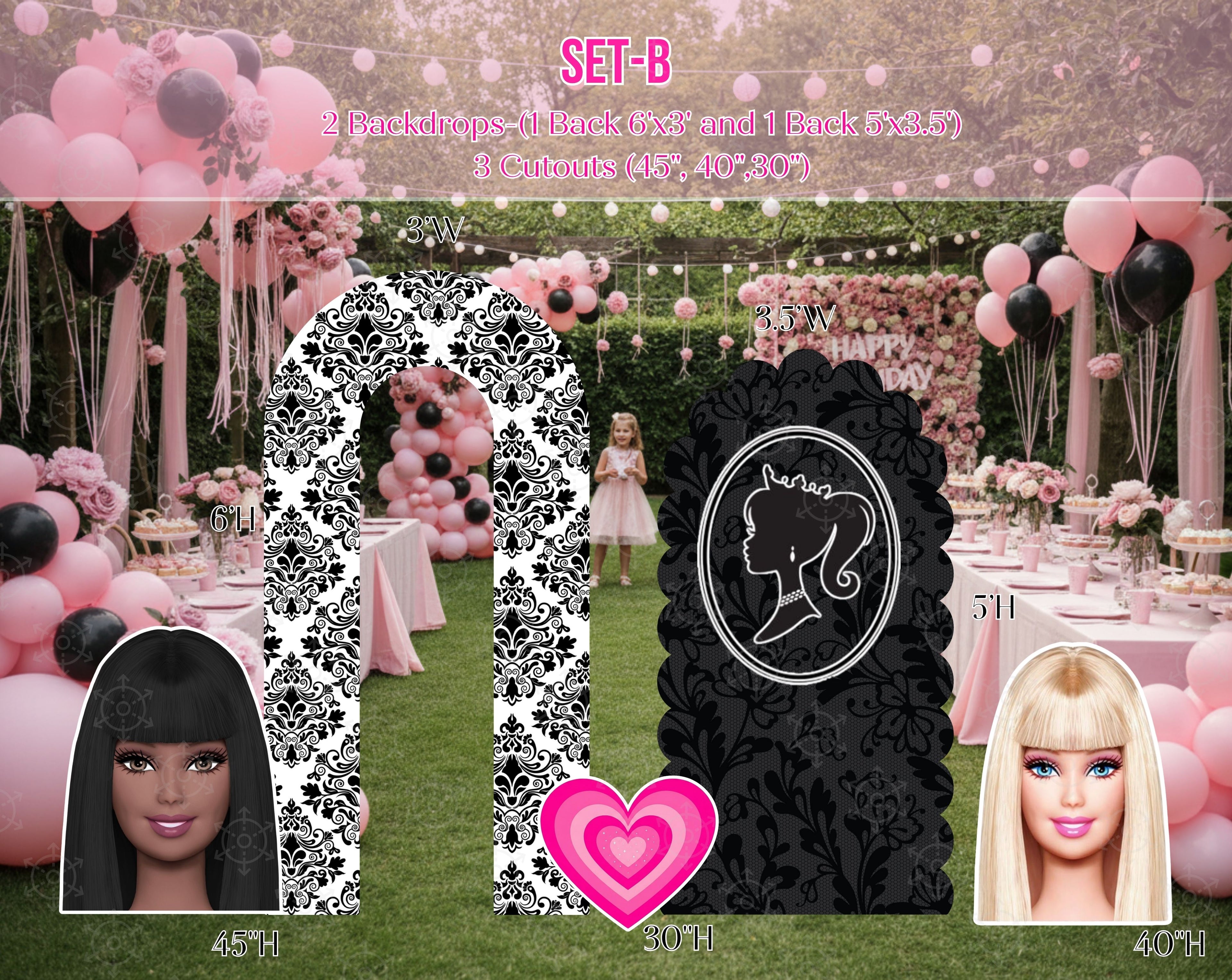Pink Doll Party Backdrop & Cutouts | Personalized Glam Girls Birthday Decorations