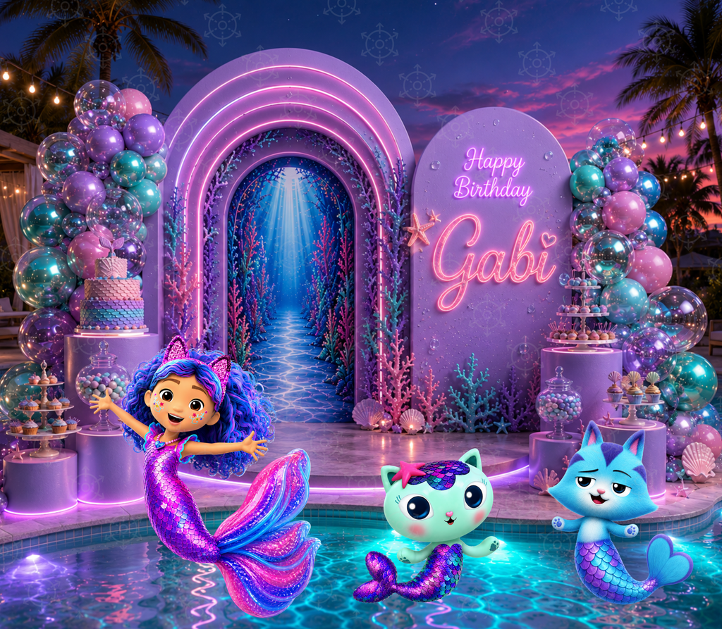 Gabby's Dollhouse Mermaid Pool Party Backdrop & Cutouts | Personalized Summer Birthday Decorations