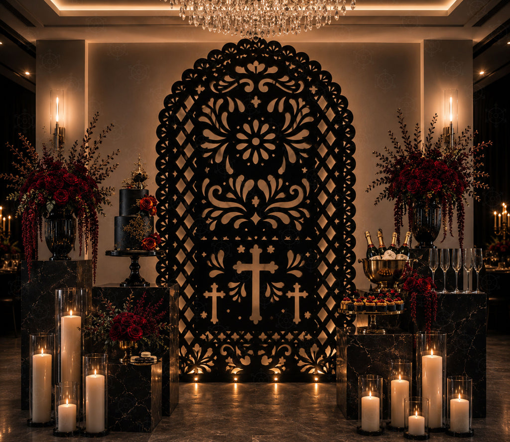 Black Christian papel picado backdrop with cross design for elegant religious celebration