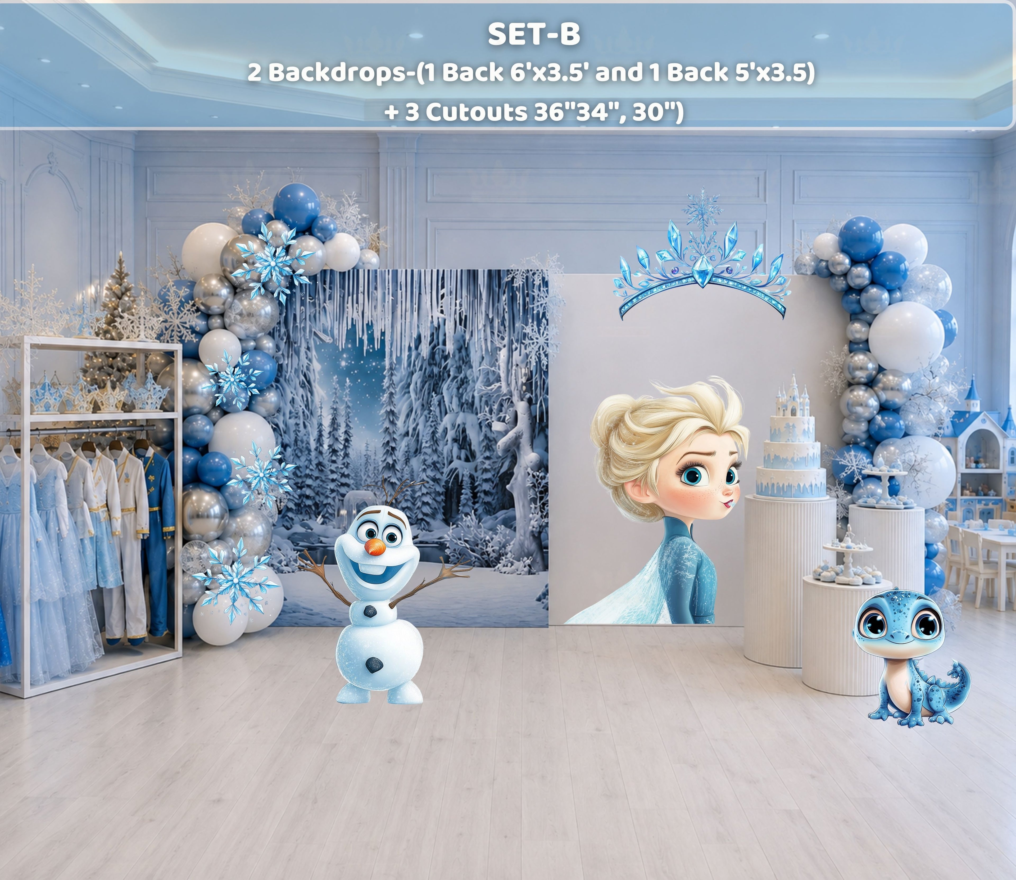 Winter princess birthday backdrop and cutouts with icy castle design and blue party decorations