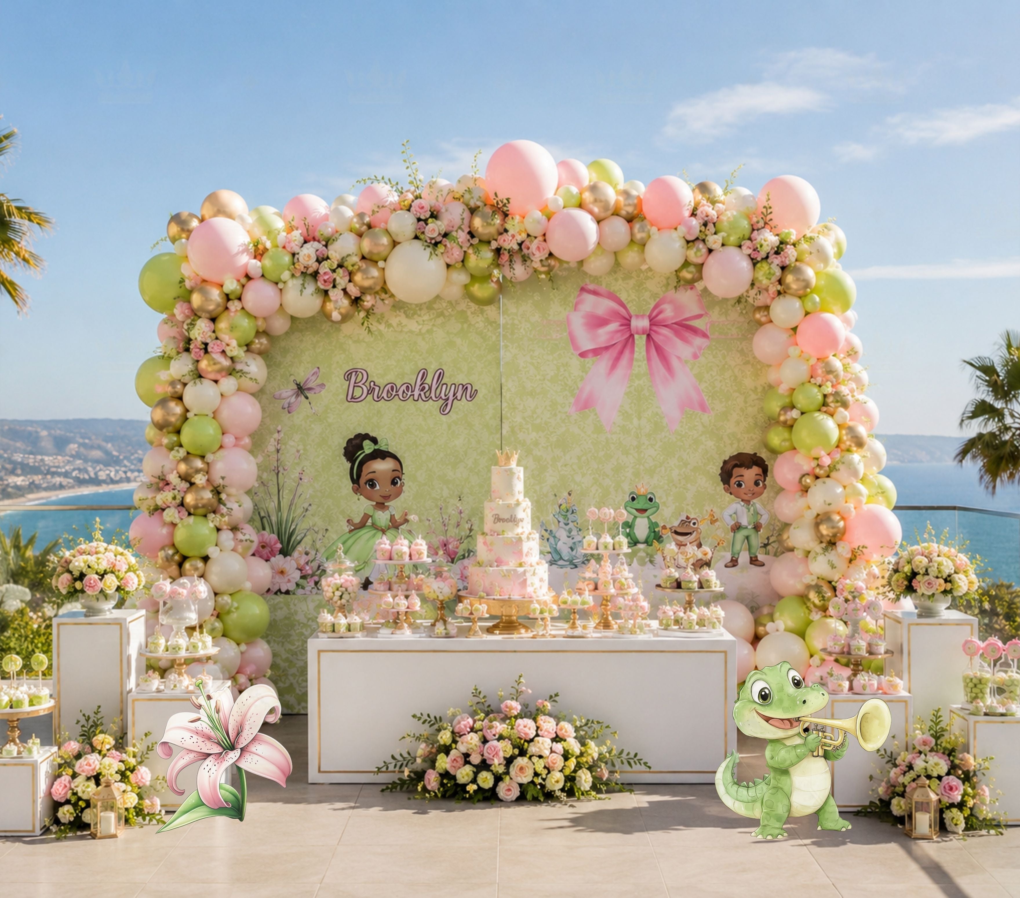 Yellow frog princess birthday backdrop with pastel floral decorations in an outdoor celebration