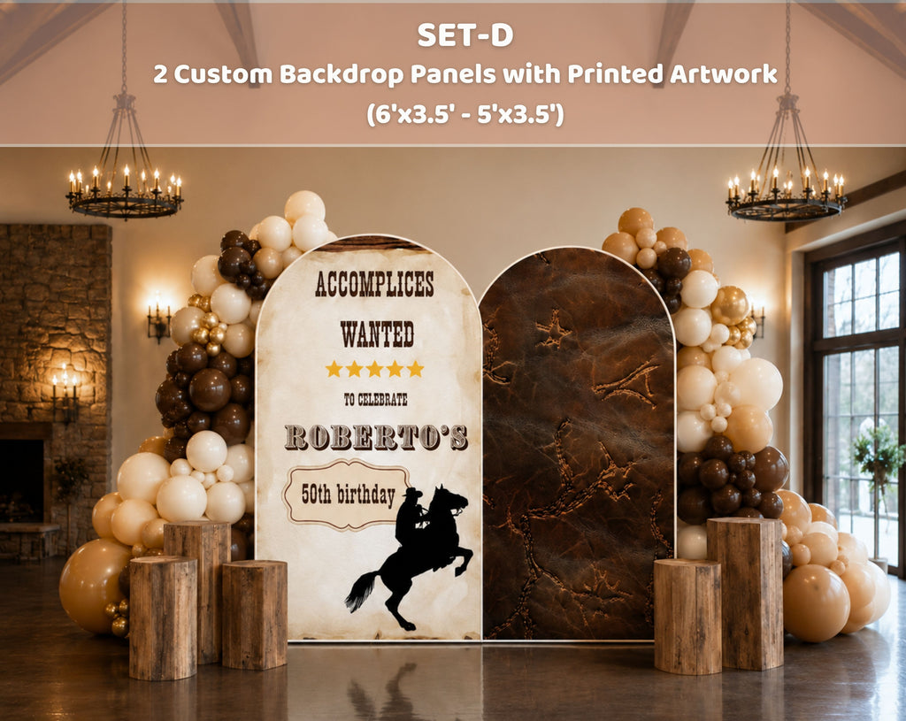 Rustic western party backdrop with personalized signage, cowboy inspired details and matching cutouts for a birthday event.
