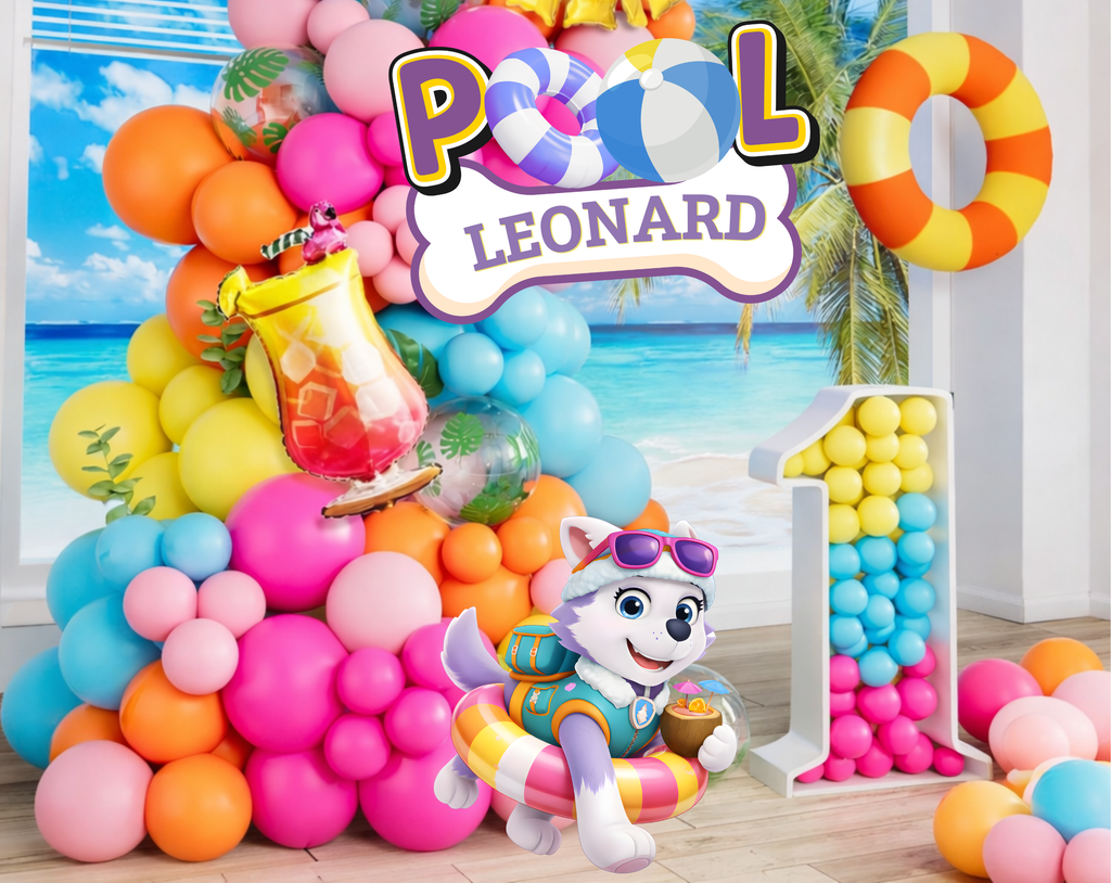 Pool Puppy Party Decoration Custom Backdrop with Shelves and Party Favors Rescue Summer Birthday Theme