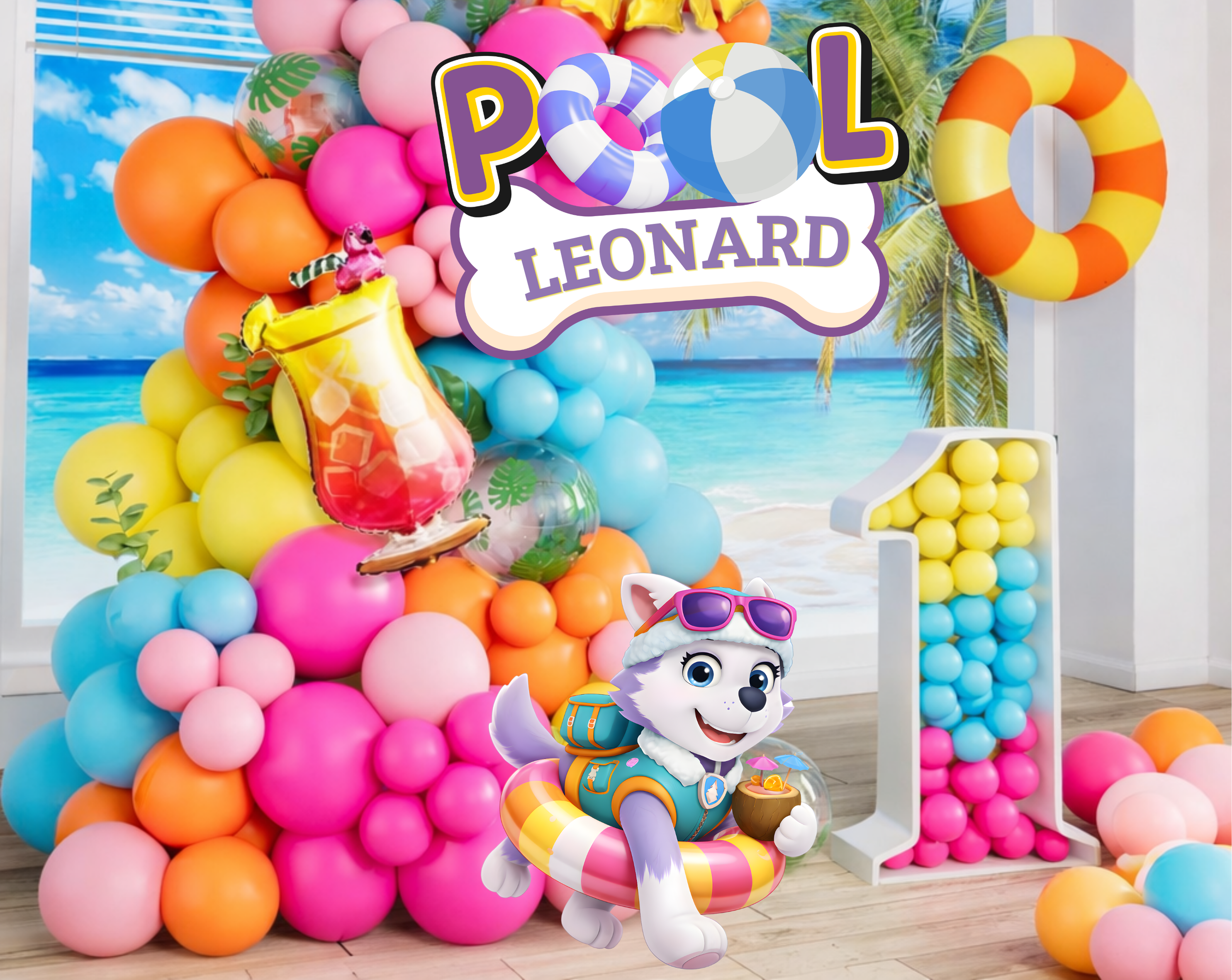 Pool Puppy Party Decoration Custom Backdrop with Shelves and Party Favors Rescue Summer Birthday Theme