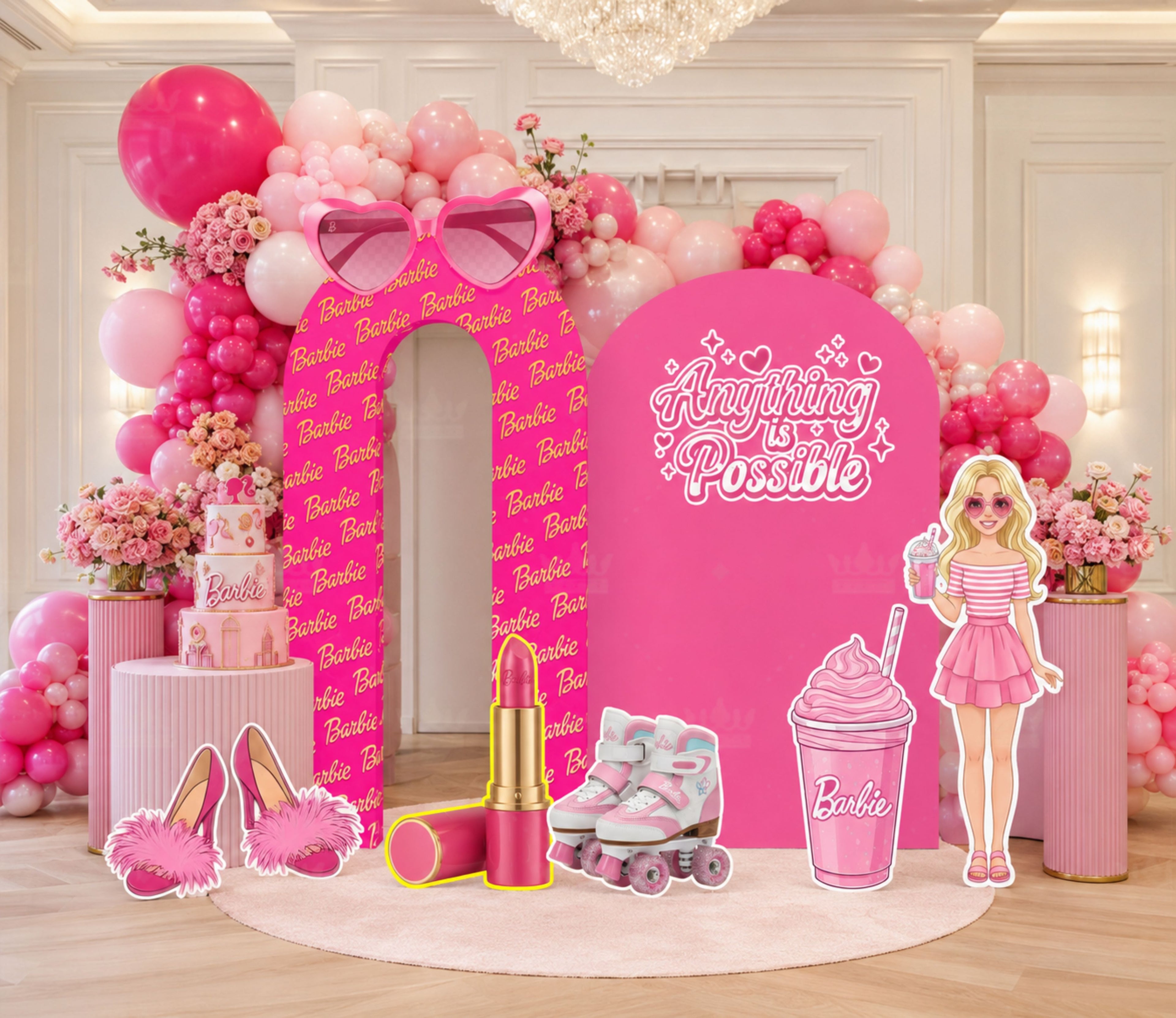 Pink doll birthday backdrop with bright pink arch panels, balloon decor and glam girls party styling for a personalized celebration.