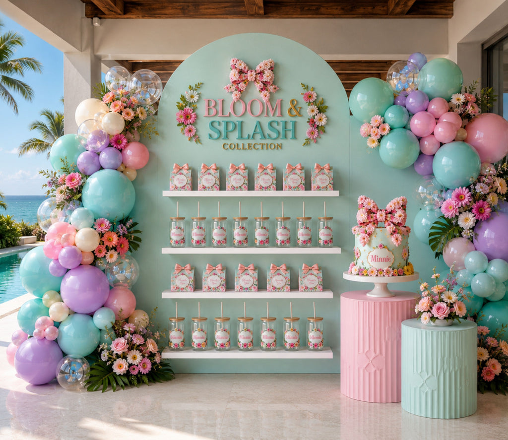 Custom pool party backdrop panels with favor display shelves, pastel balloons and pink and aqua birthday decorations.