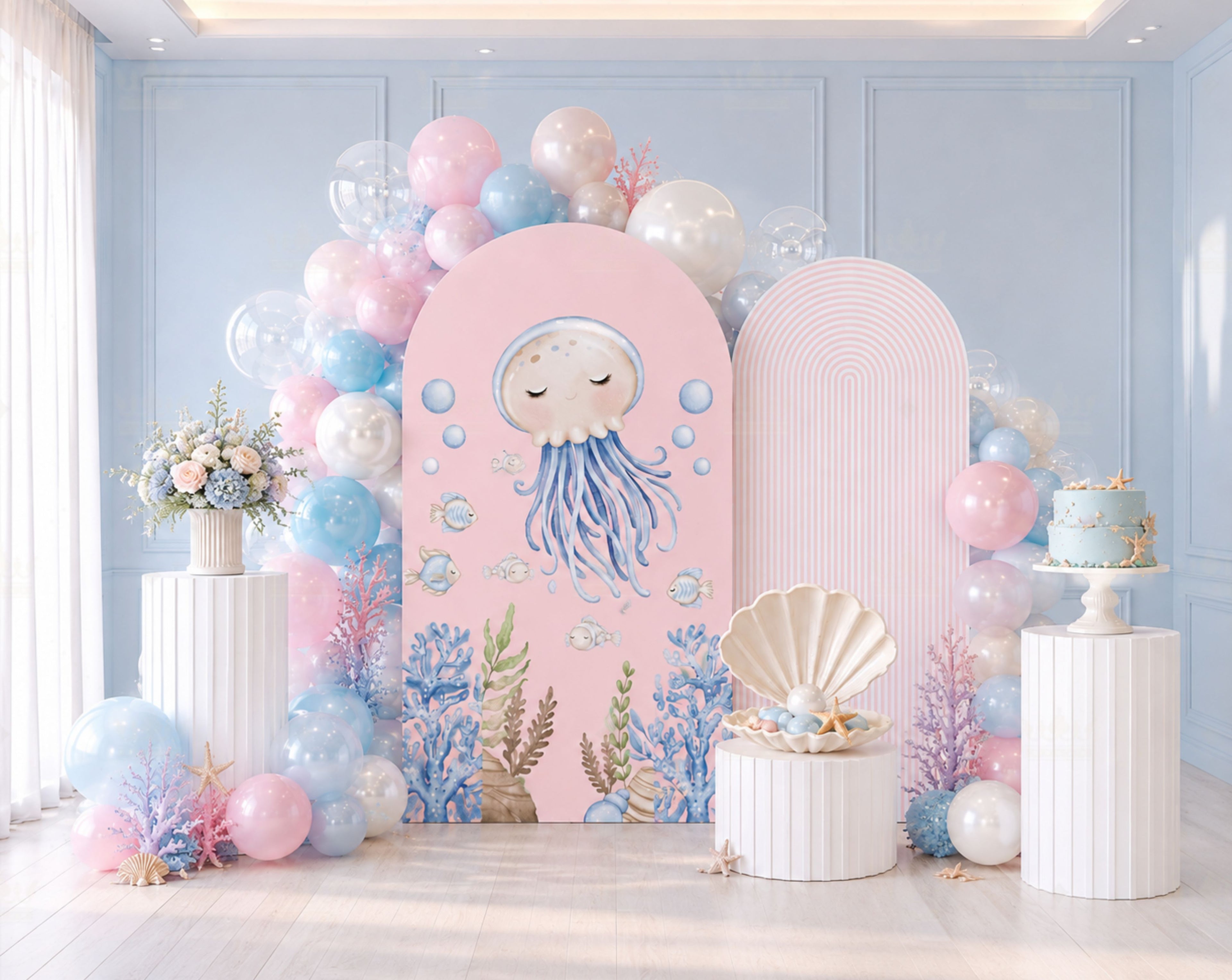 Pink ocean animals birthday backdrop with balloon garland, sea themed decor and pastel under the sea party styling.