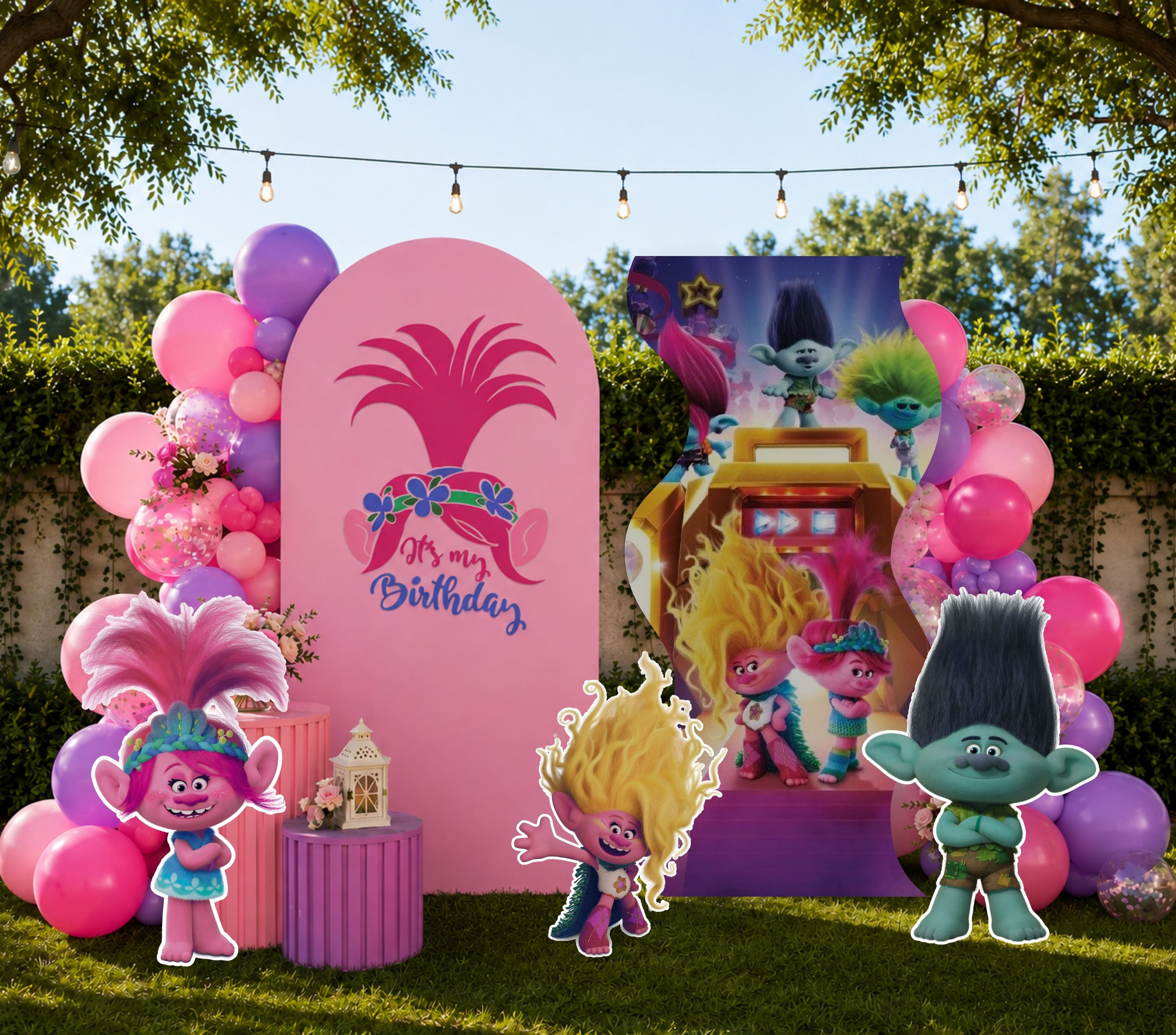 Custom Rainbow Hair Cartoon Birthday Backdrop & Cutouts | Colorful Kids Party Decorations