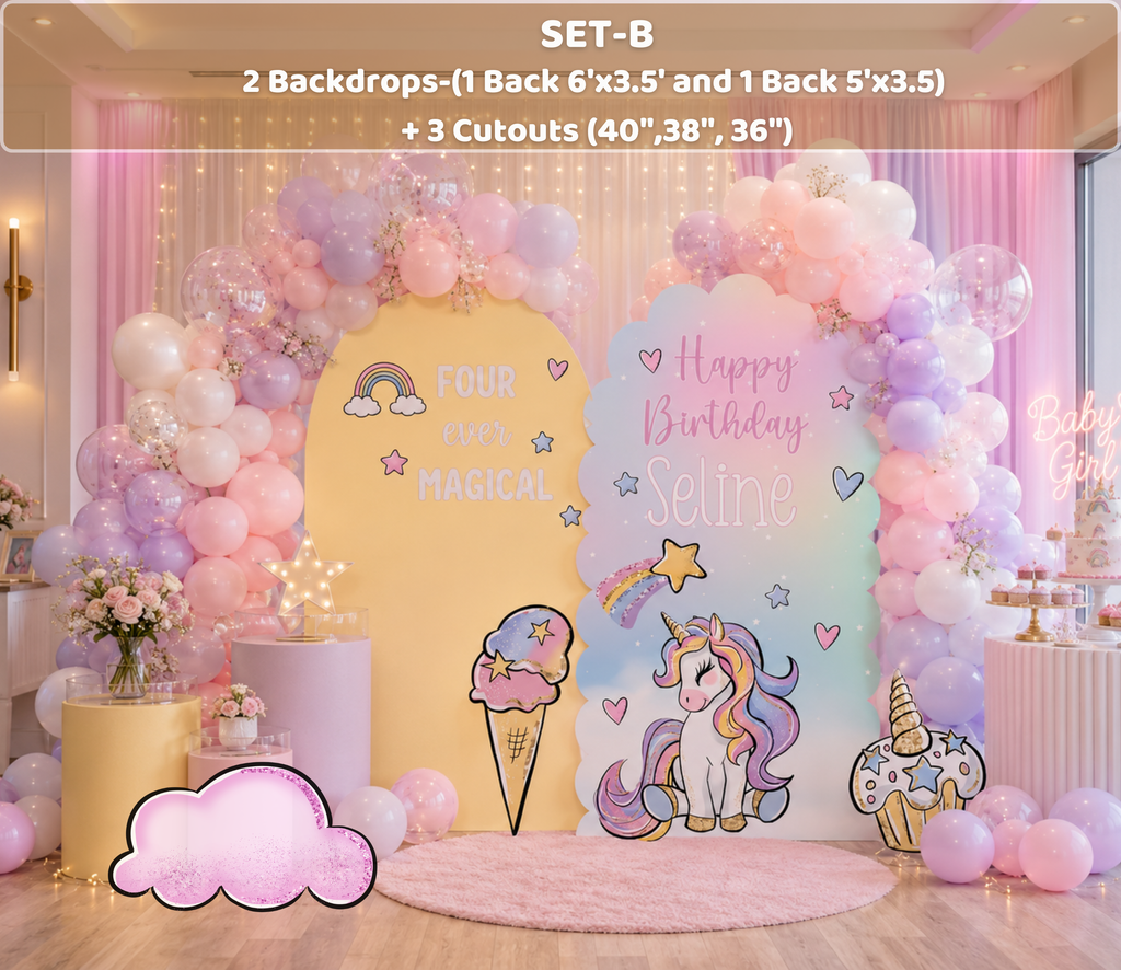 Custom Unicorn Birthday Backdrops & Cutouts | Pink Pastel Unicorn Party Decorations