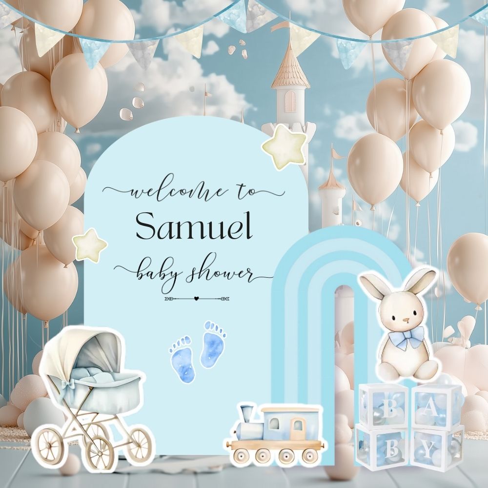 Blue Toile Baby Backdrop & Cutouts | Personalized Elephant First Birthday Decorations