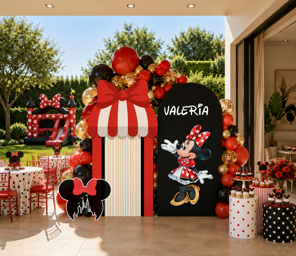 Classic Mouse Birthday Backdrop & Cutouts | Personalized Red Black Gold Party Decorations