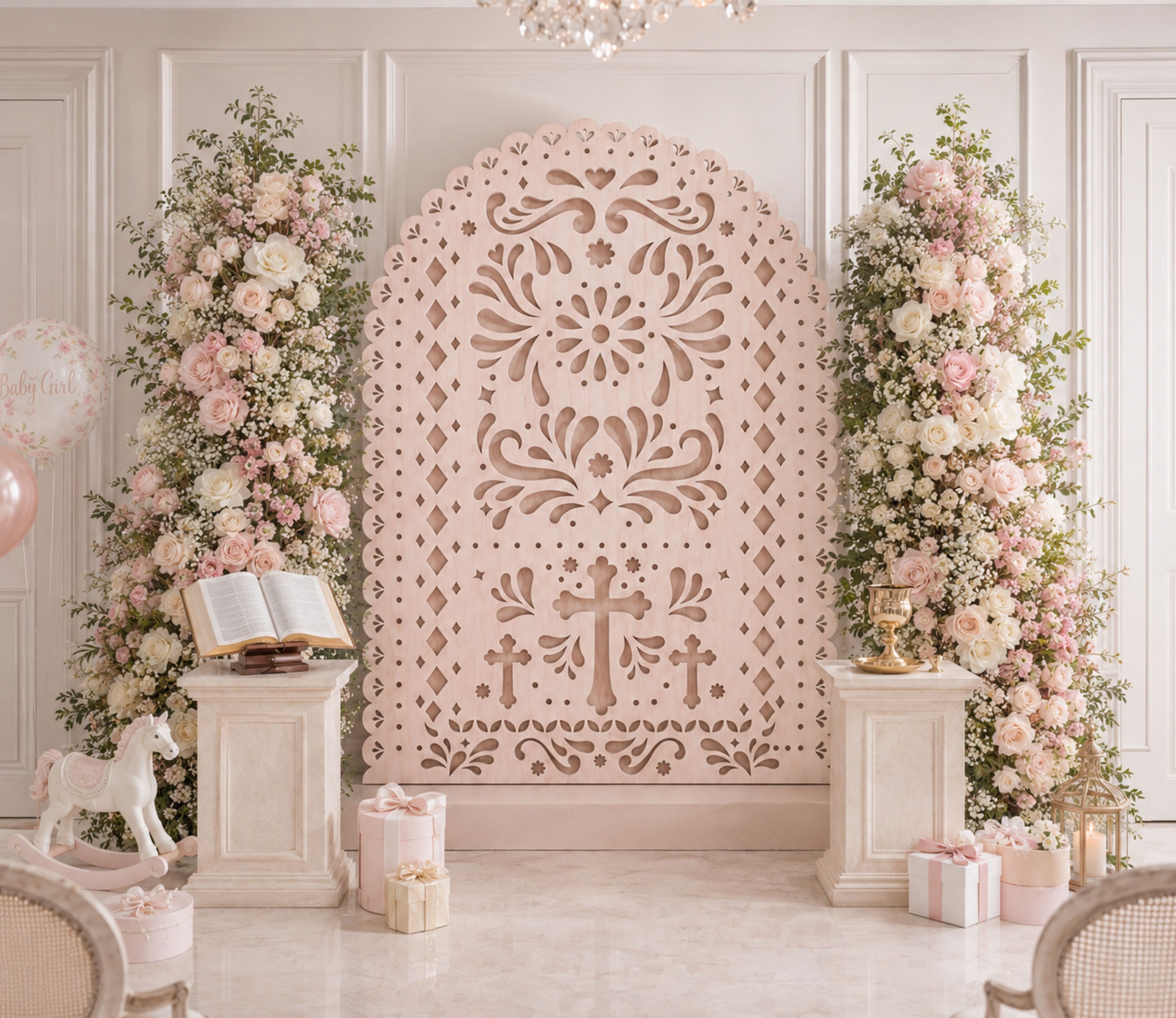 Blush pink religious papel picado backdrop with cross design and floral Christian event decor