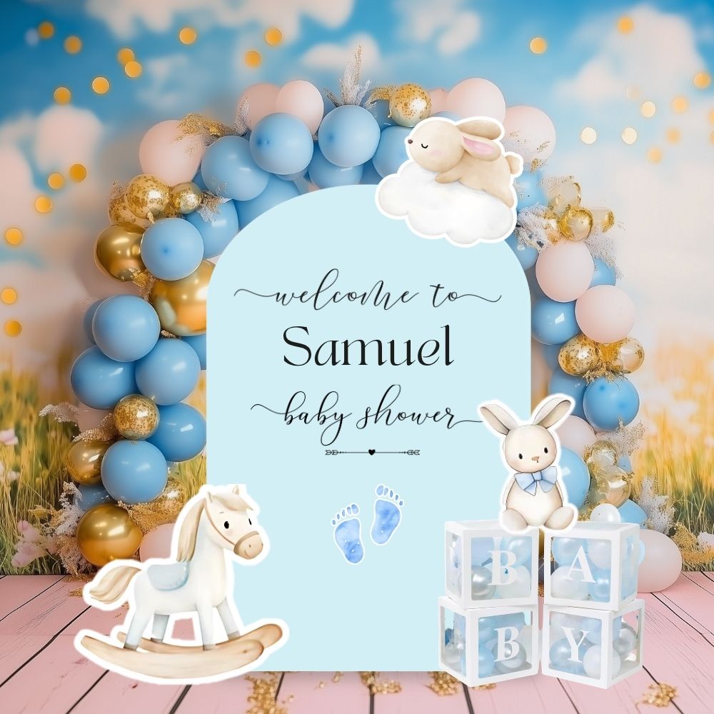 Blue Toile Baby Backdrop & Cutouts | Personalized Elephant First Birthday Decorations