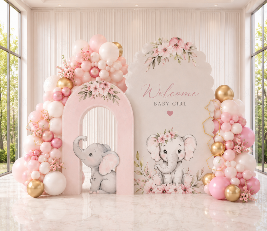 Baby Elephant Baptism Backdrop & Cutouts | Personalized Pink Little Blessing Party Decor