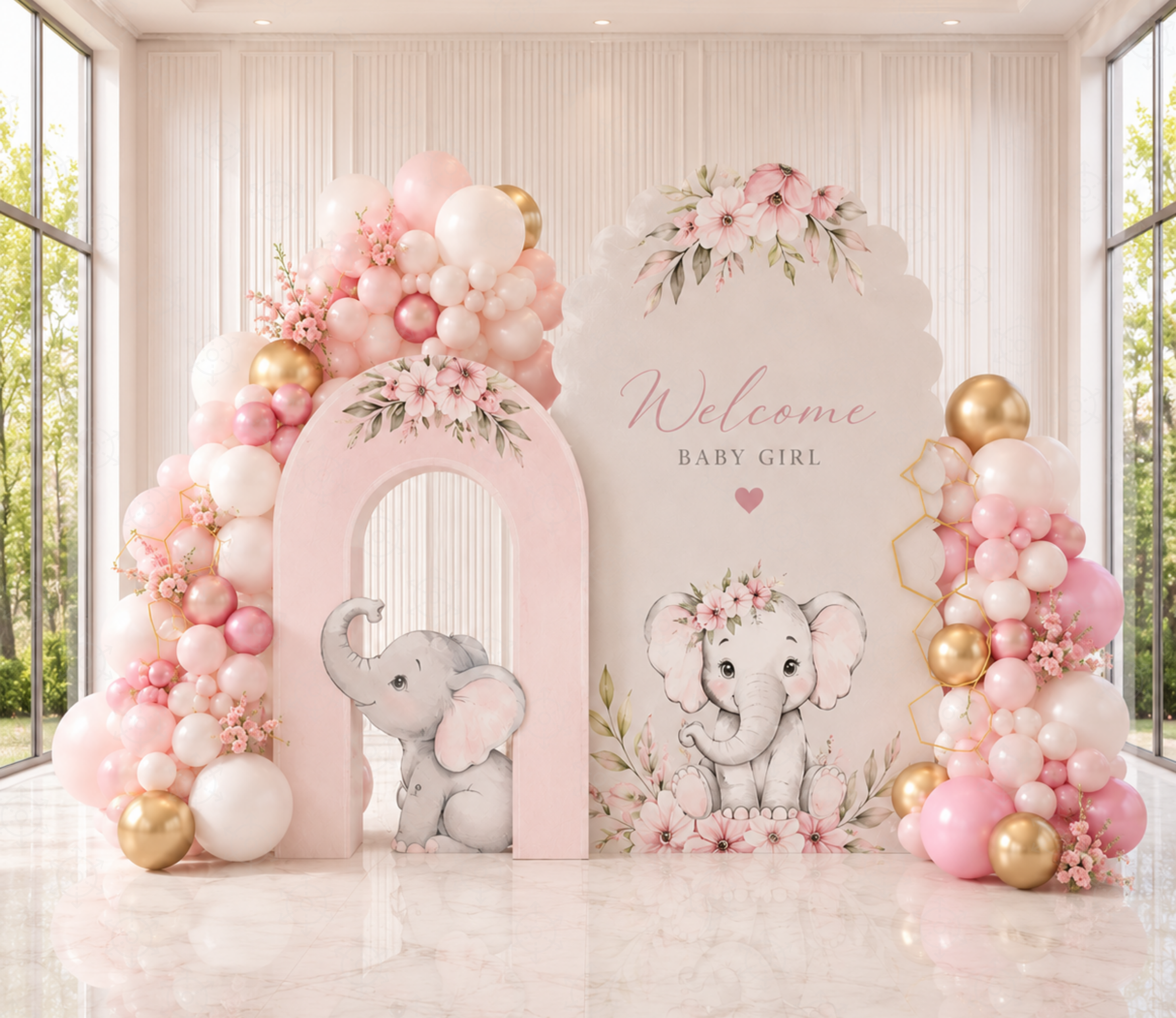 Baby Elephant Baptism Backdrop & Cutouts | Personalized Pink Little Blessing Party Decor