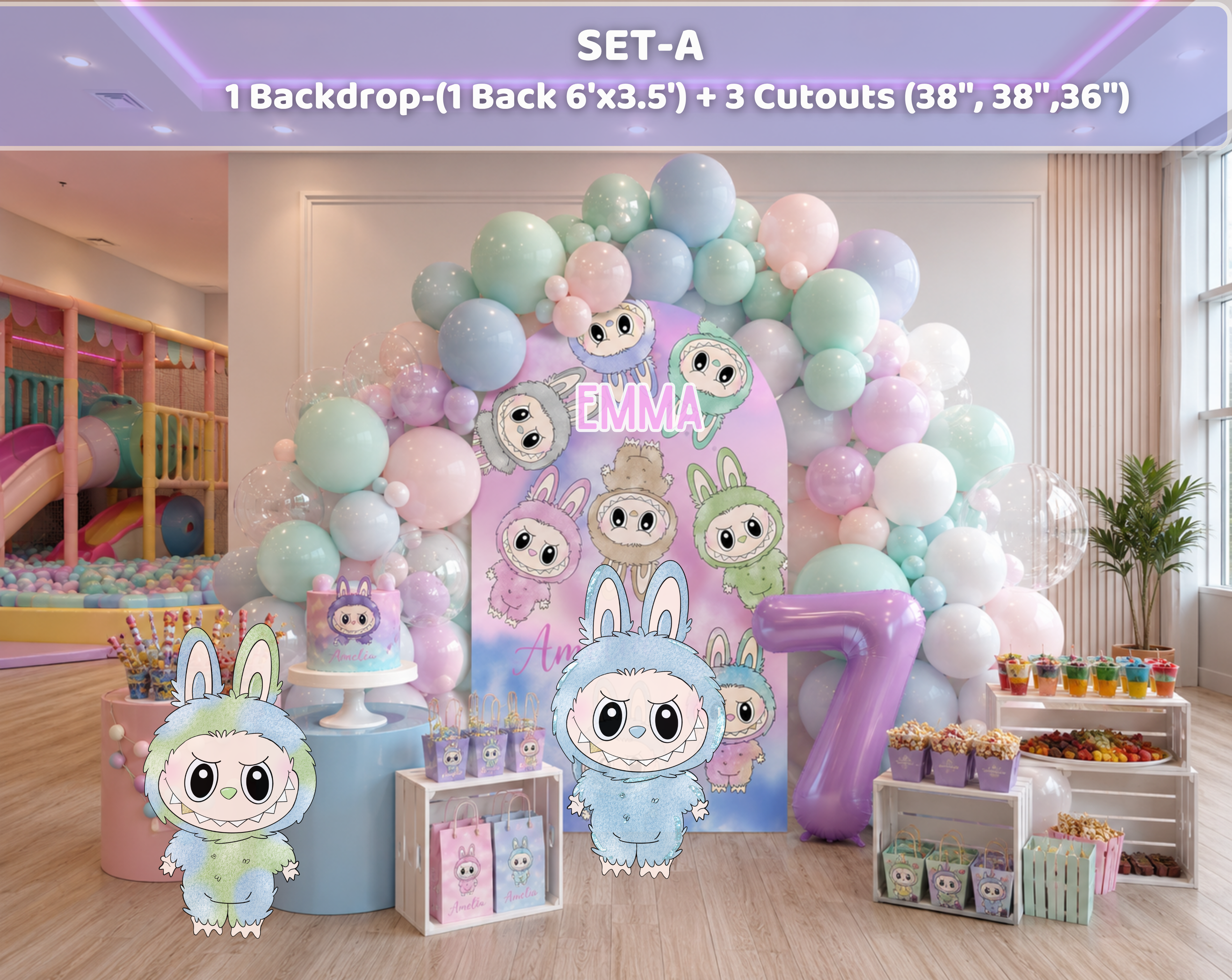 Cute Monster Birthday Backdrop & Cutouts | Personalized Kawaii Pastel Party Decorations