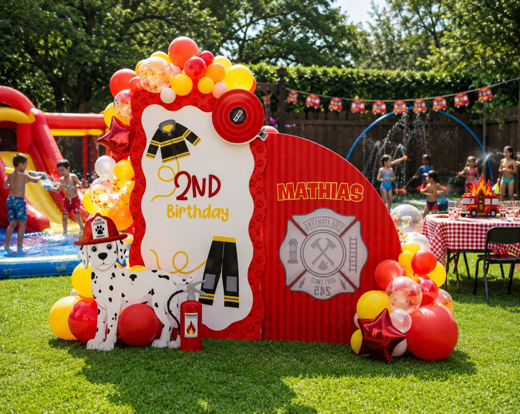 Firefighter Birthday Backdrop & Cutouts | Personalized Fire Truck Party Decorations