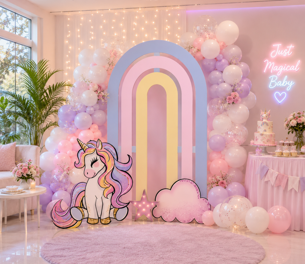 Custom Unicorn Birthday Backdrops & Cutouts | Pink Pastel Unicorn Party Decorations