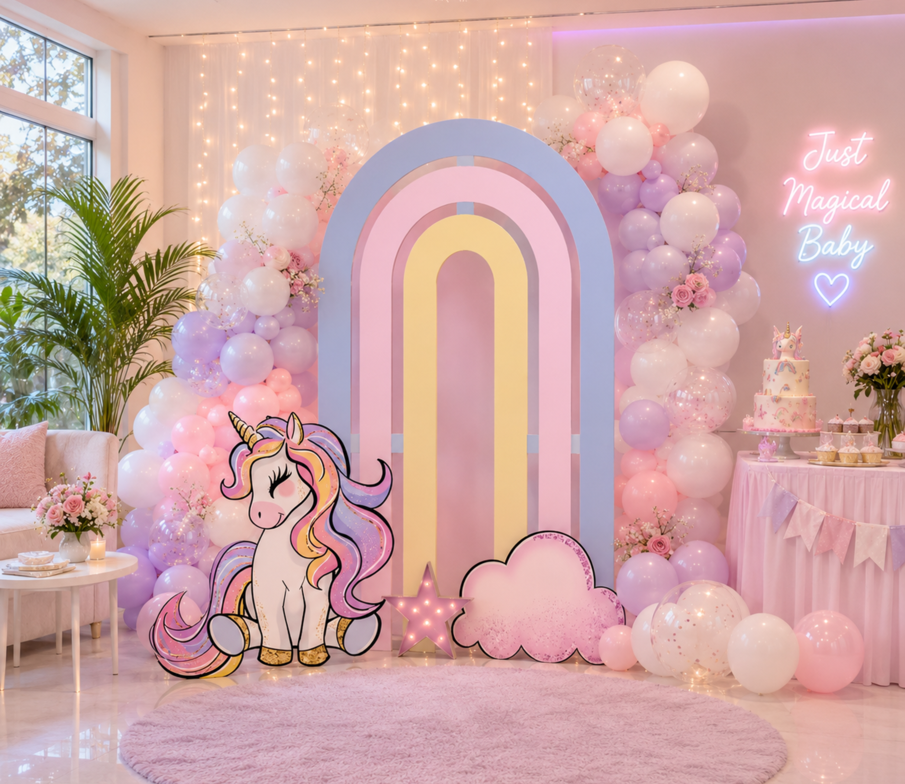 Custom Unicorn Birthday Backdrops & Cutouts | Pink Pastel Unicorn Party Decorations