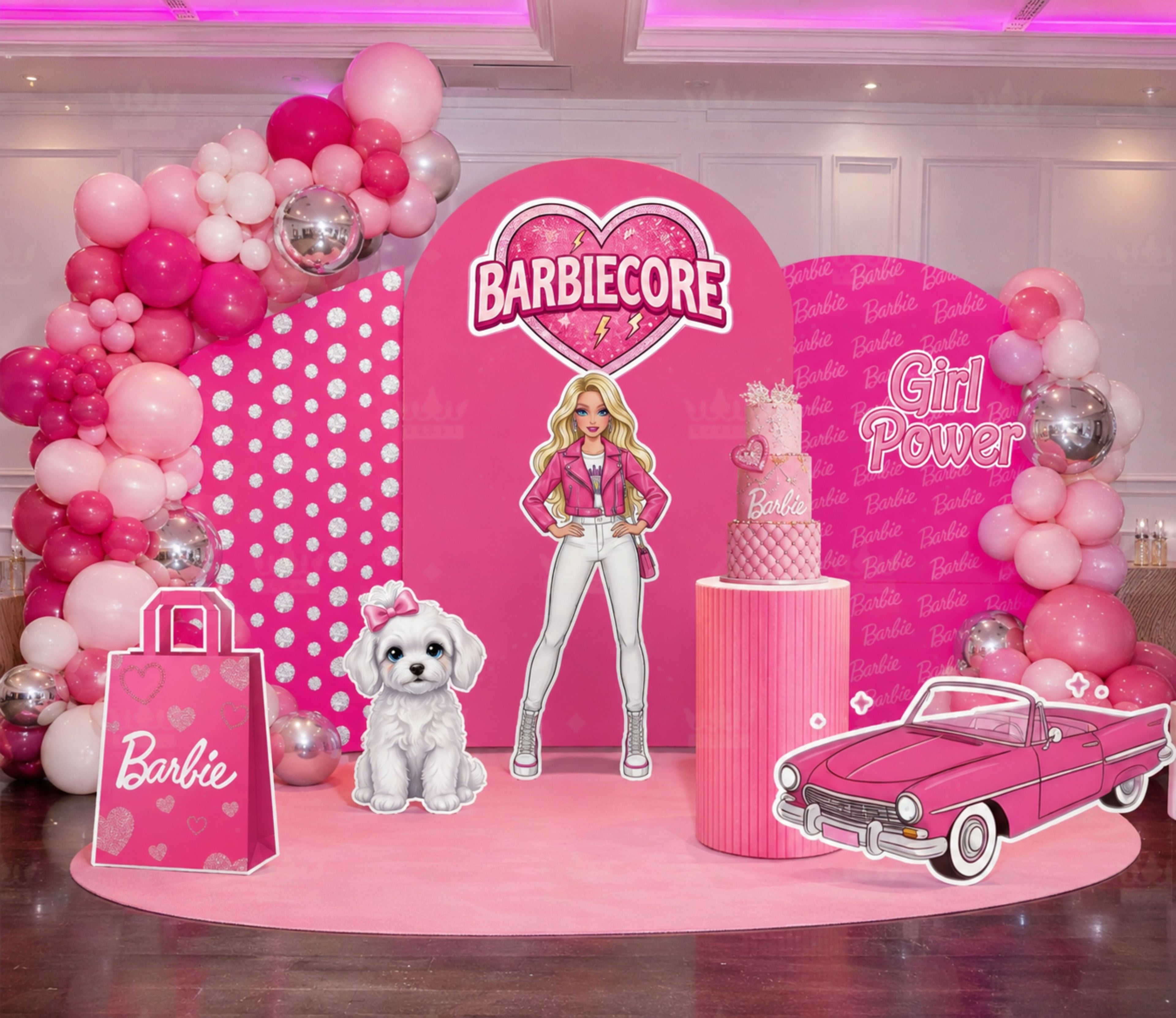 Glam girls party backdrop with bright pink arch panels, personalized sign and fashion doll themed birthday decorations.