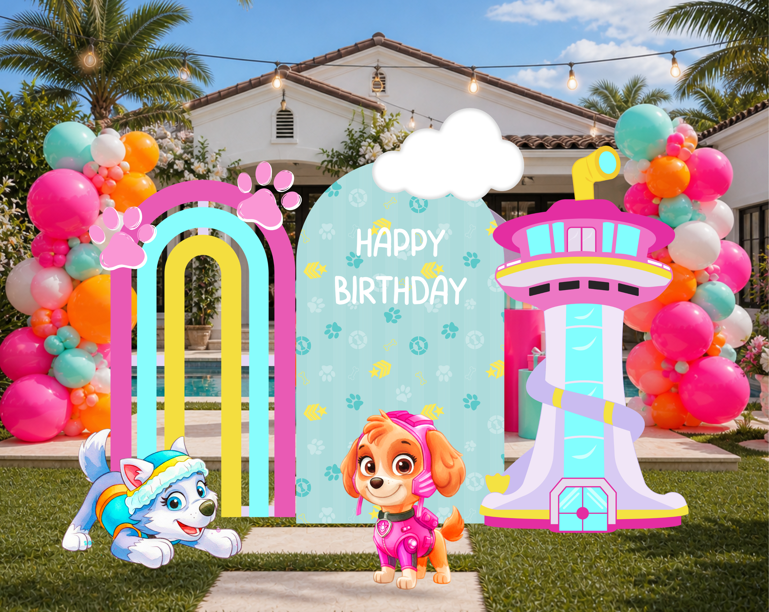 Pool Puppy Party Decoration Custom Backdrop with Shelves and Party Favors Rescue Summer Birthday Theme