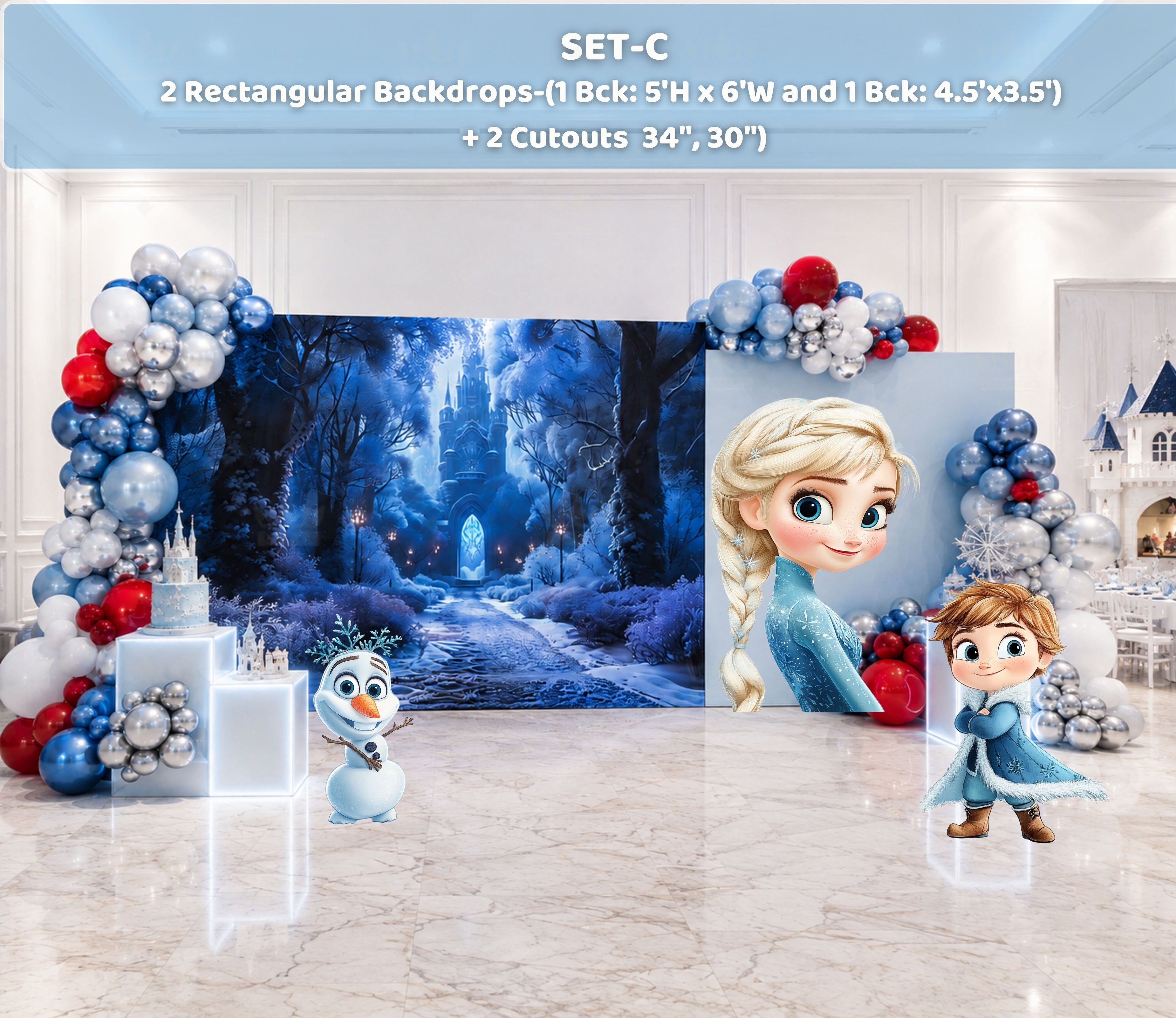 Blue winter princess birthday backdrop with character cutouts and red blue balloon decorations